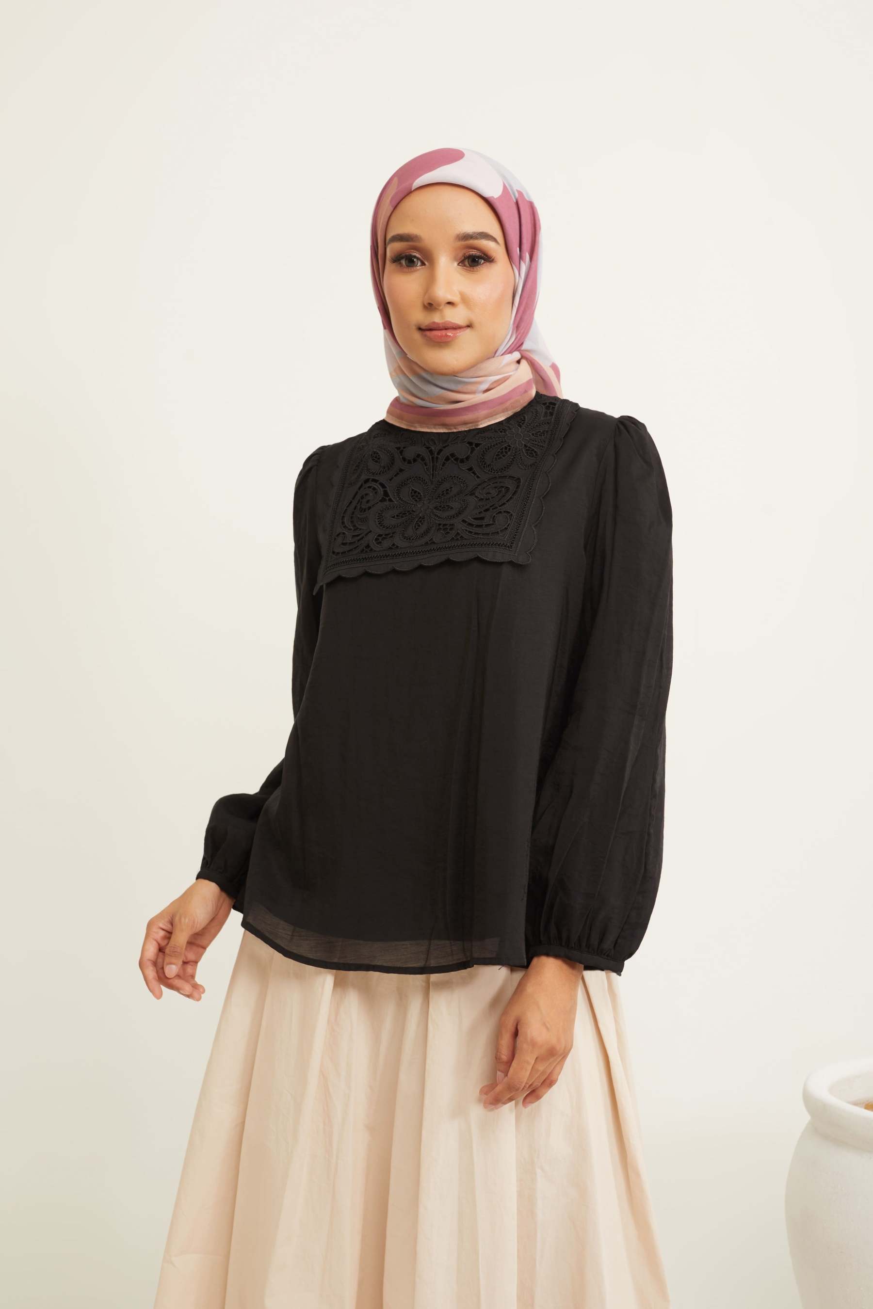 Deena Black Lace Bib Puff Sleeves Top