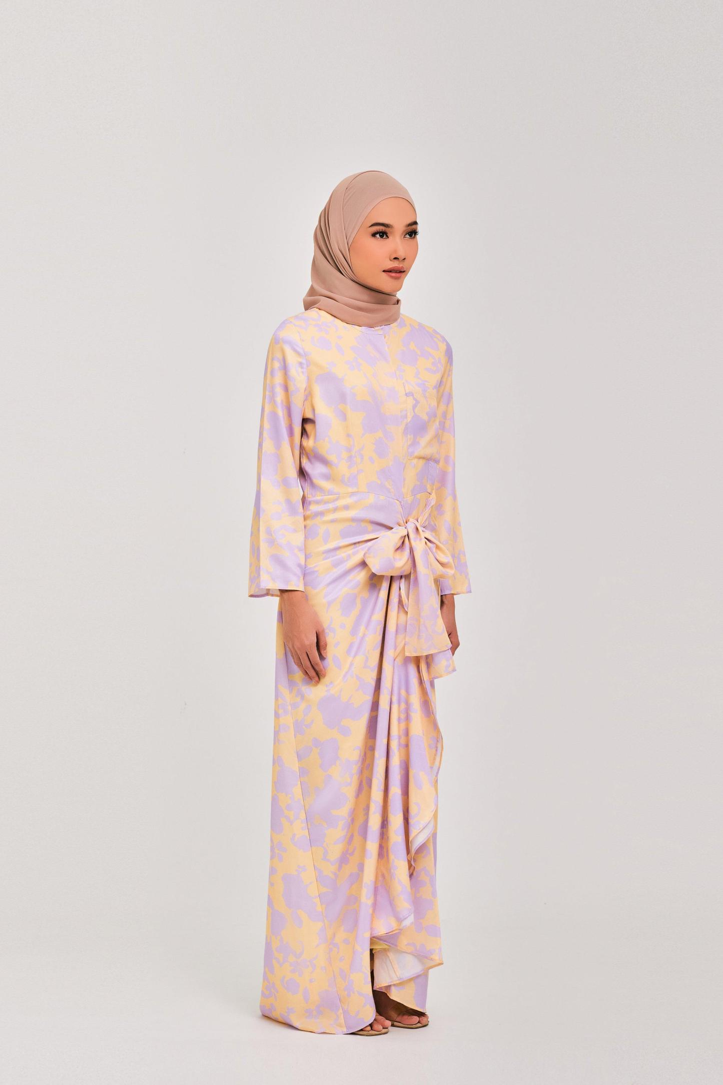 Lilac Yellow Daffodil Buttoned Wrap Dress - Mimpikita