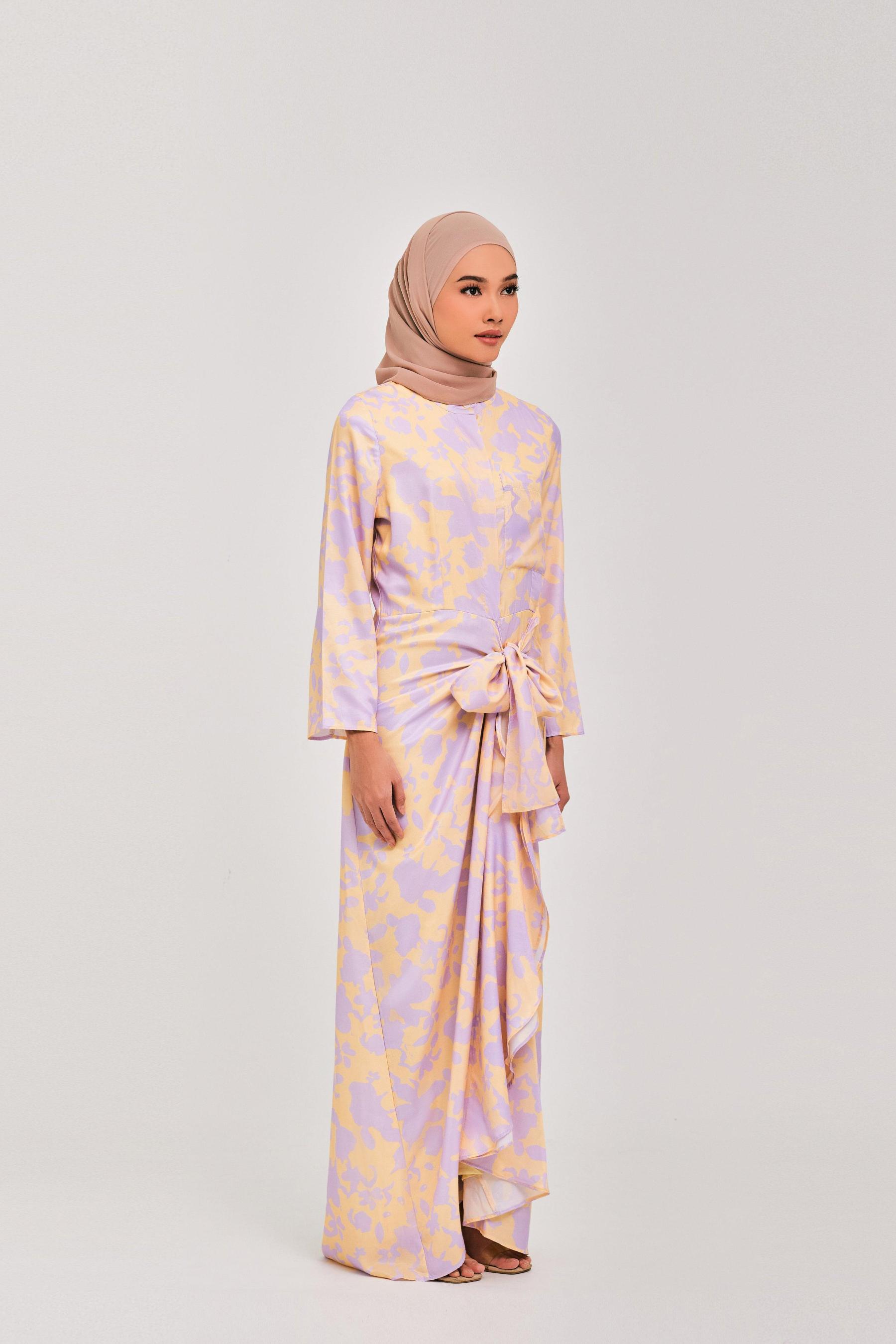 Lilac Yellow Daffodil Buttoned Wrap Dress - Mimpikita