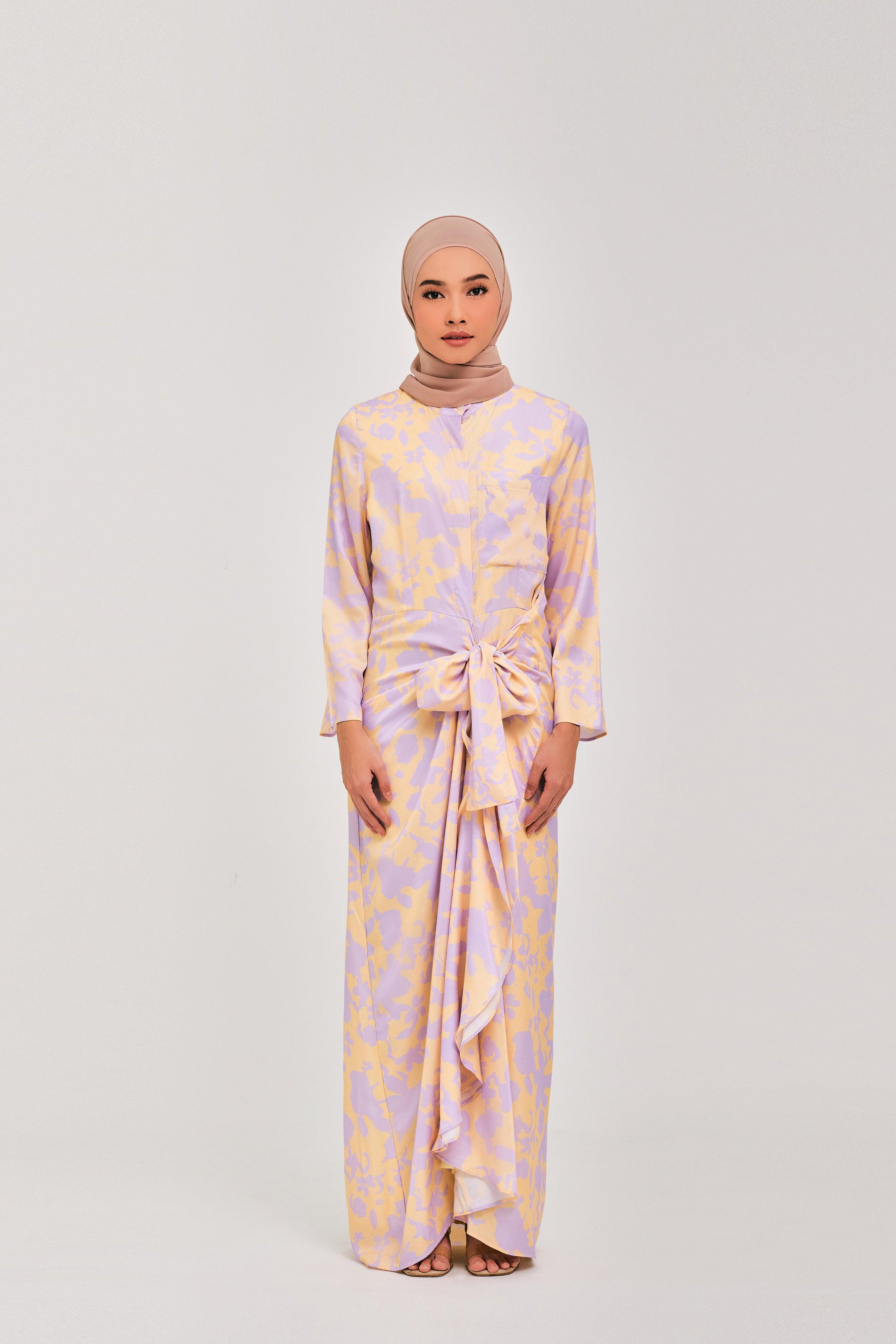 Lilac Yellow Daffodil Buttoned Wrap Dress - Mimpikita
