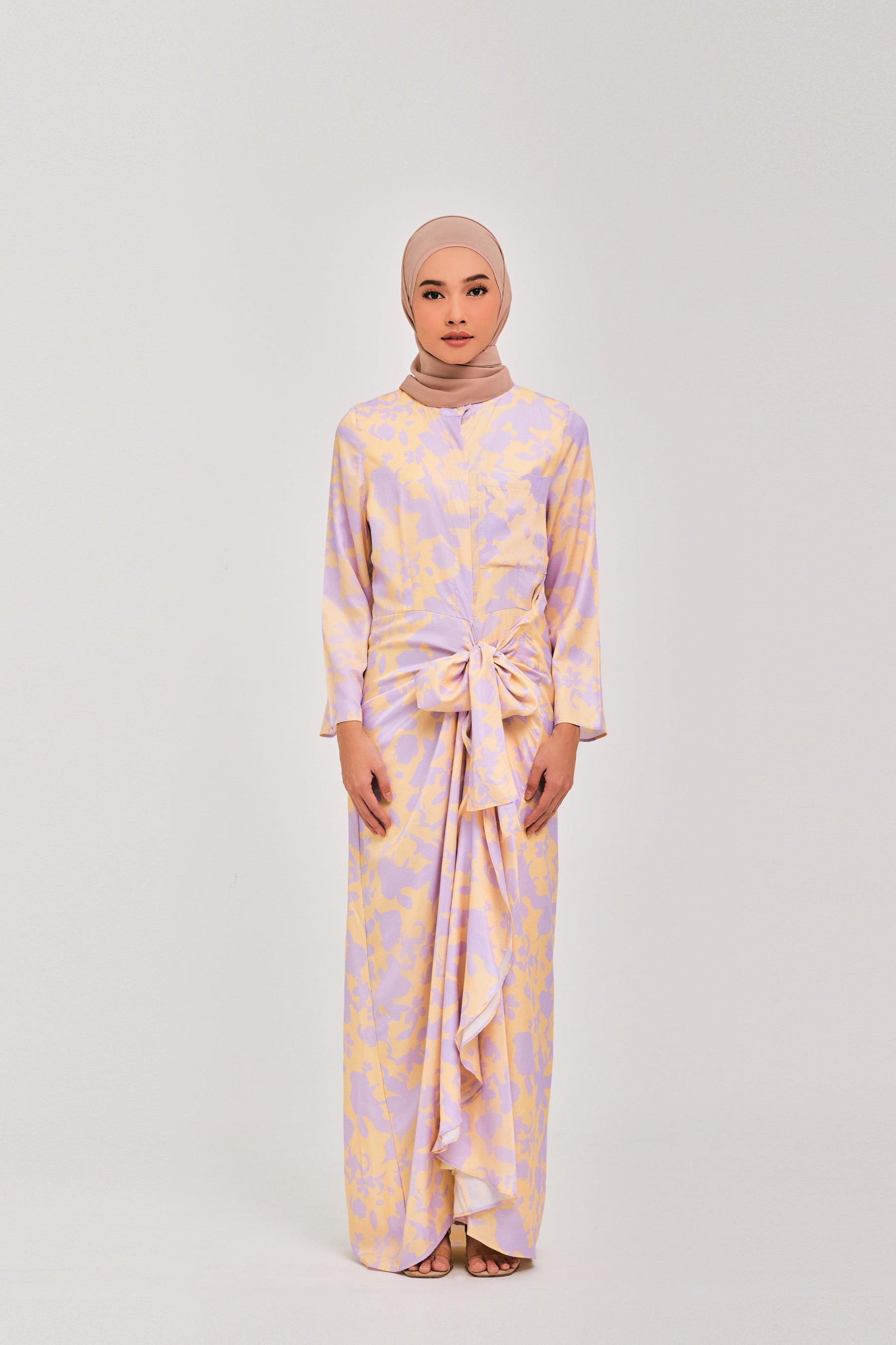Lilac Yellow Daffodil Buttoned Wrap Dress - Mimpikita