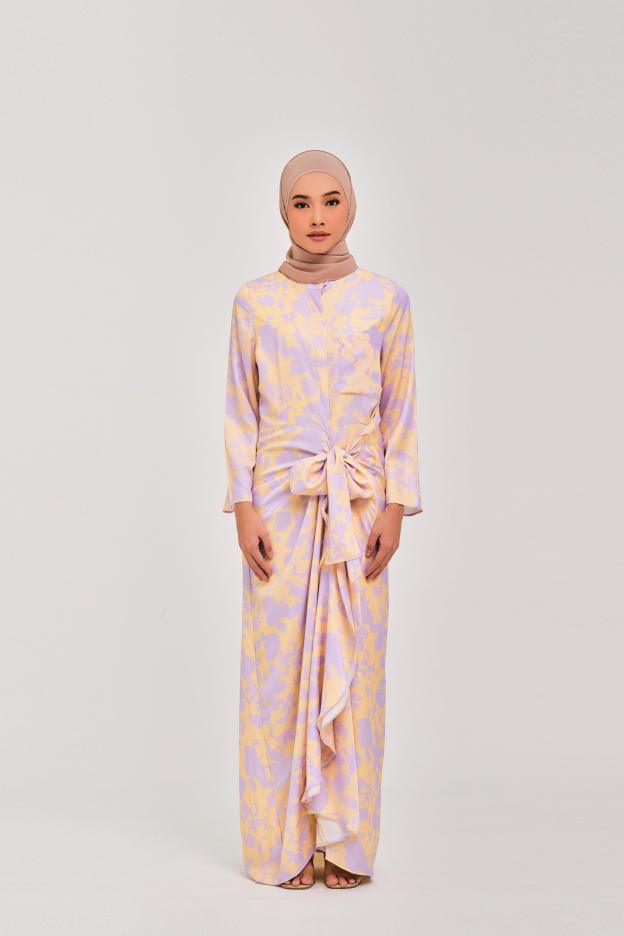 Lilac Yellow Daffodil Buttoned Wrap Dress - Mimpikita