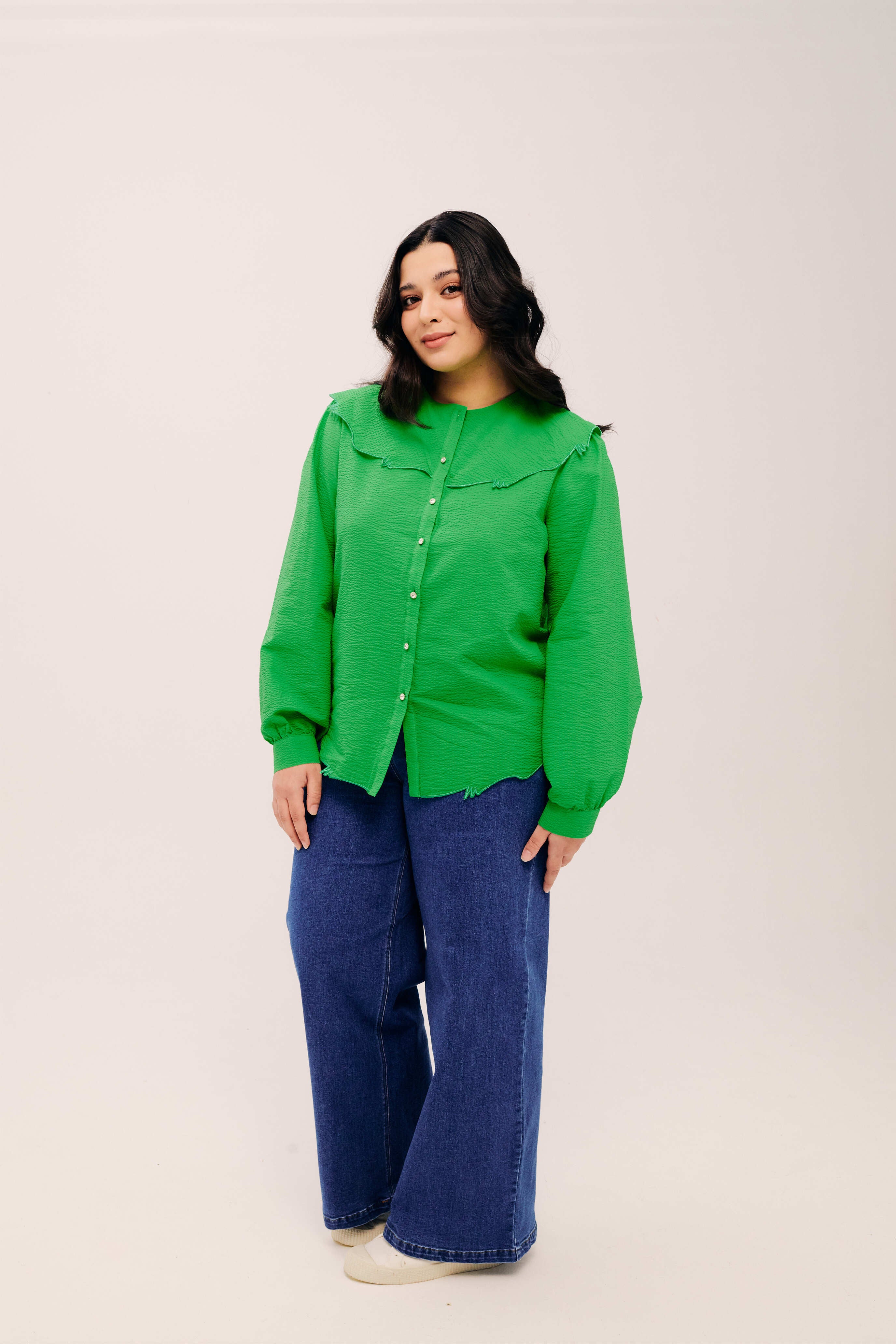 Lapel Classic Green Long Sleeve Embroidered Top
