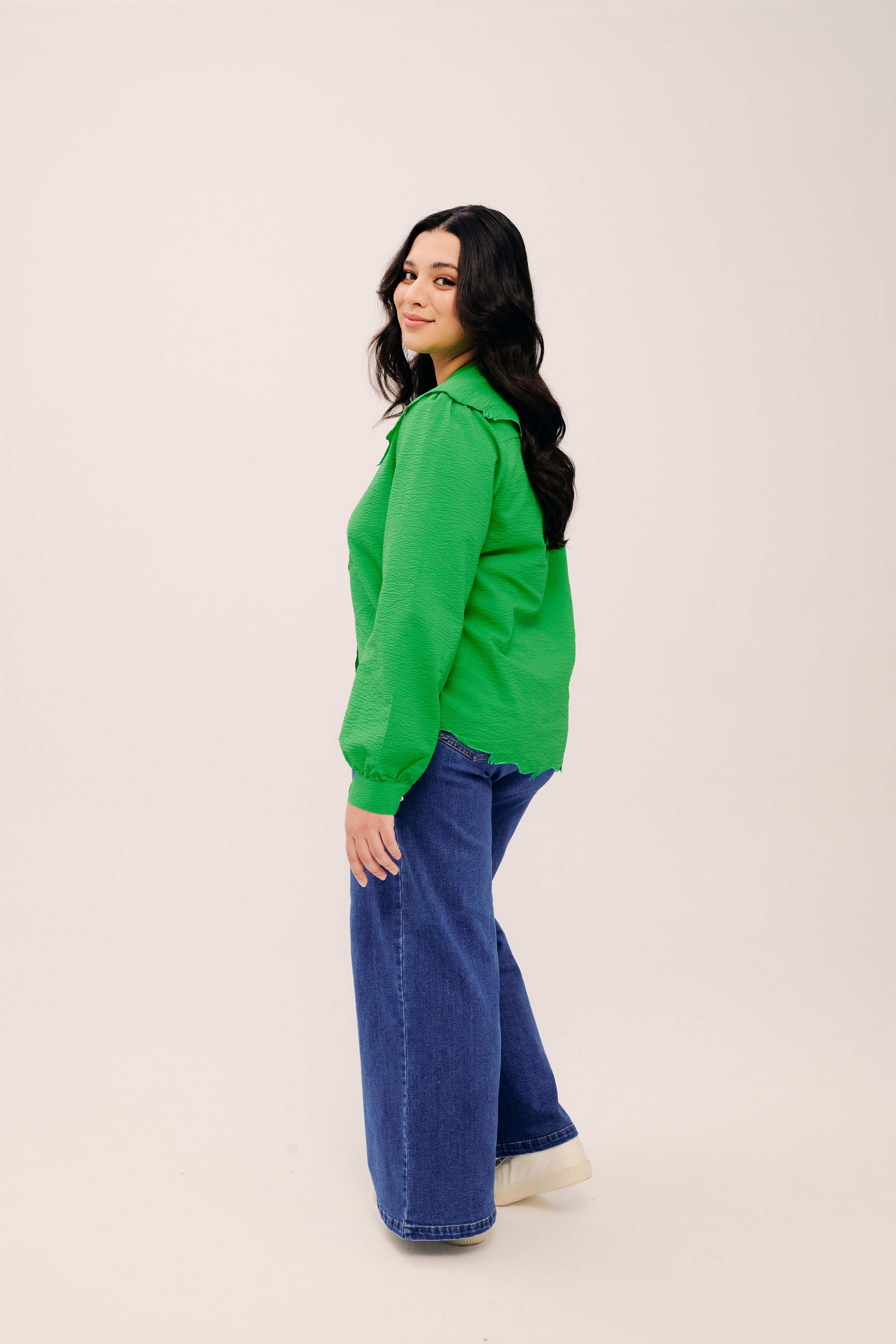 Lapel Classic Green Long Sleeve Embroidered Top