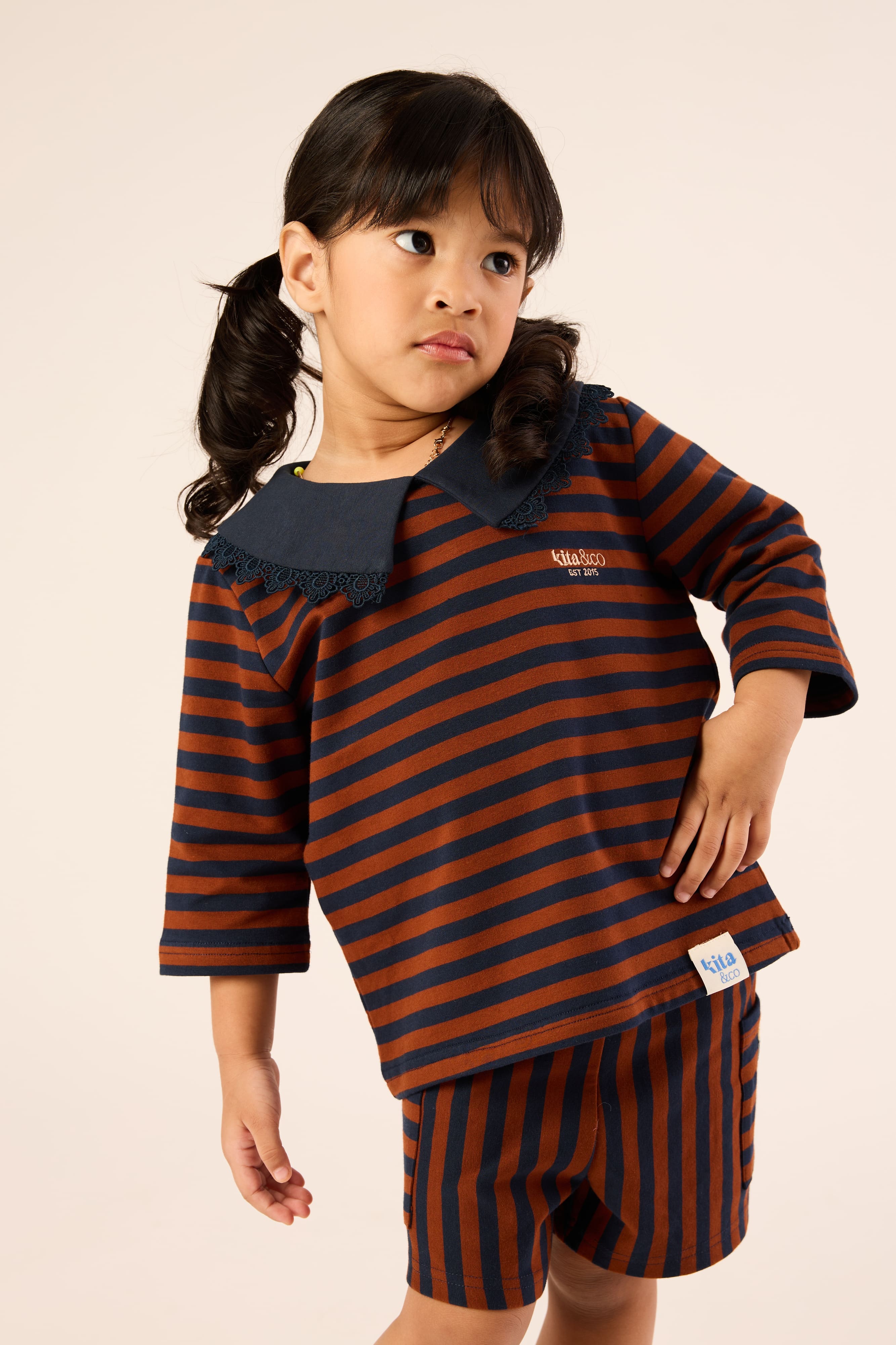 Chocolate Brown & Navy Lace Bib Striped Top - Girls