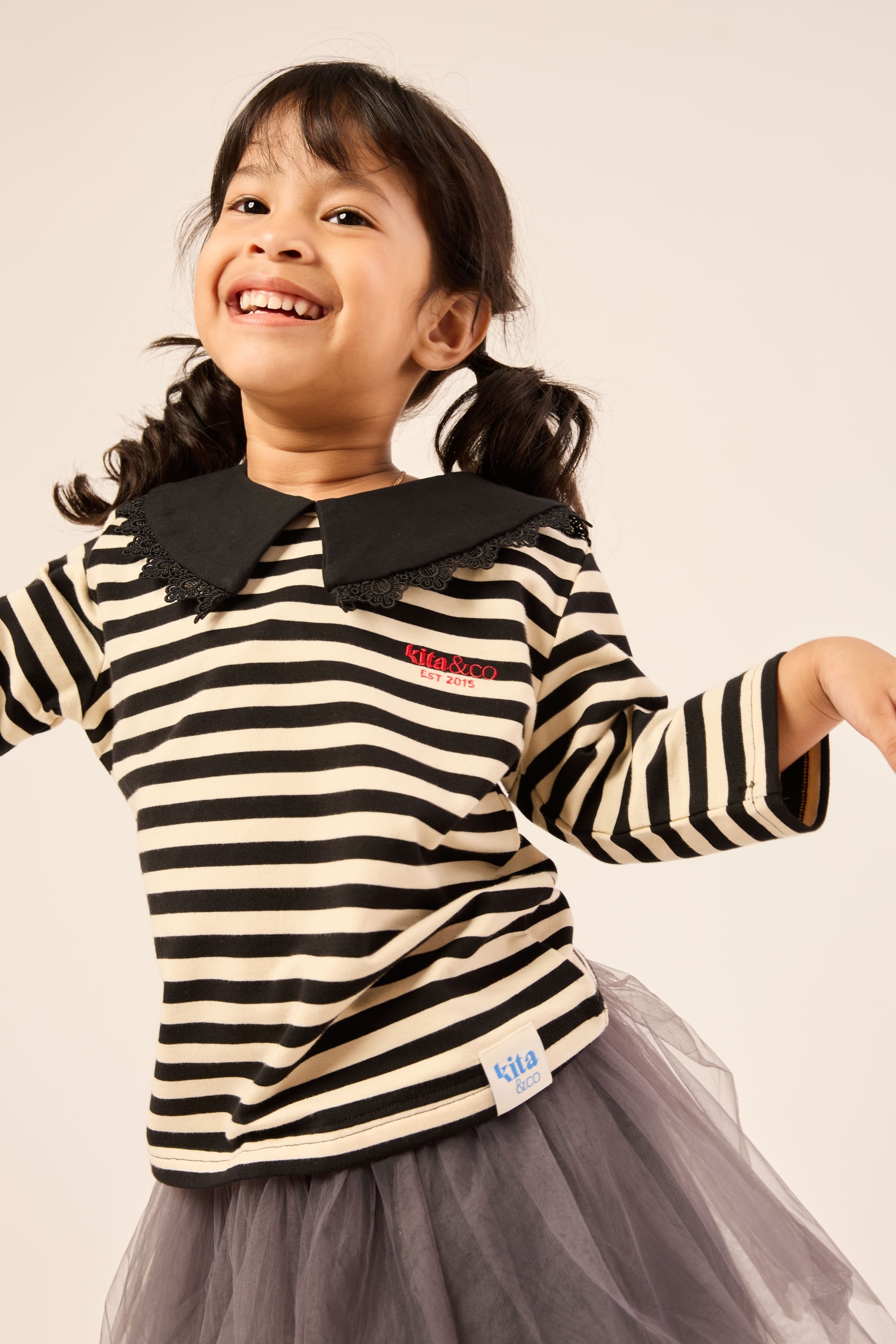 Black & Cream White Lace Bib Striped Top - Girls