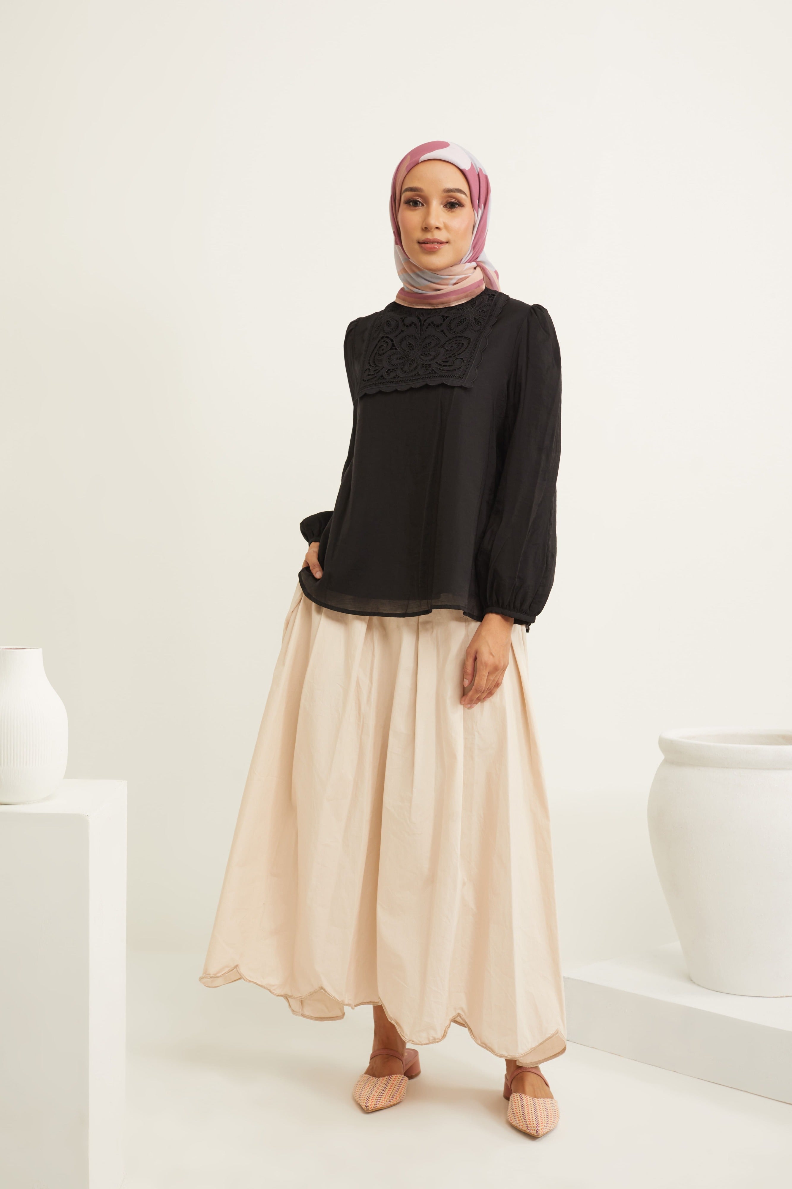 Deena Black Lace Bib Puff Sleeves Top