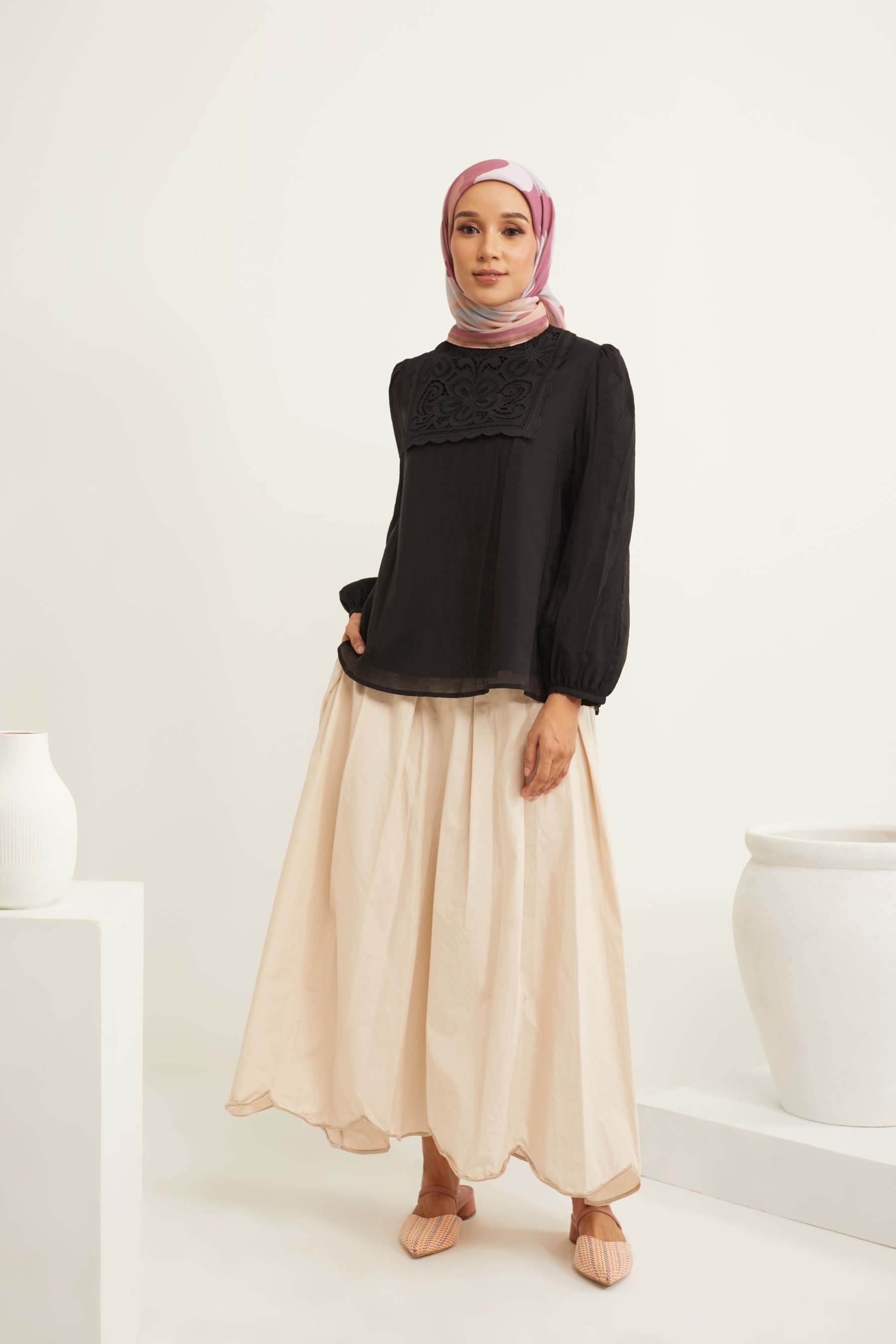 Deena Black Lace Bib Puff Sleeves Top