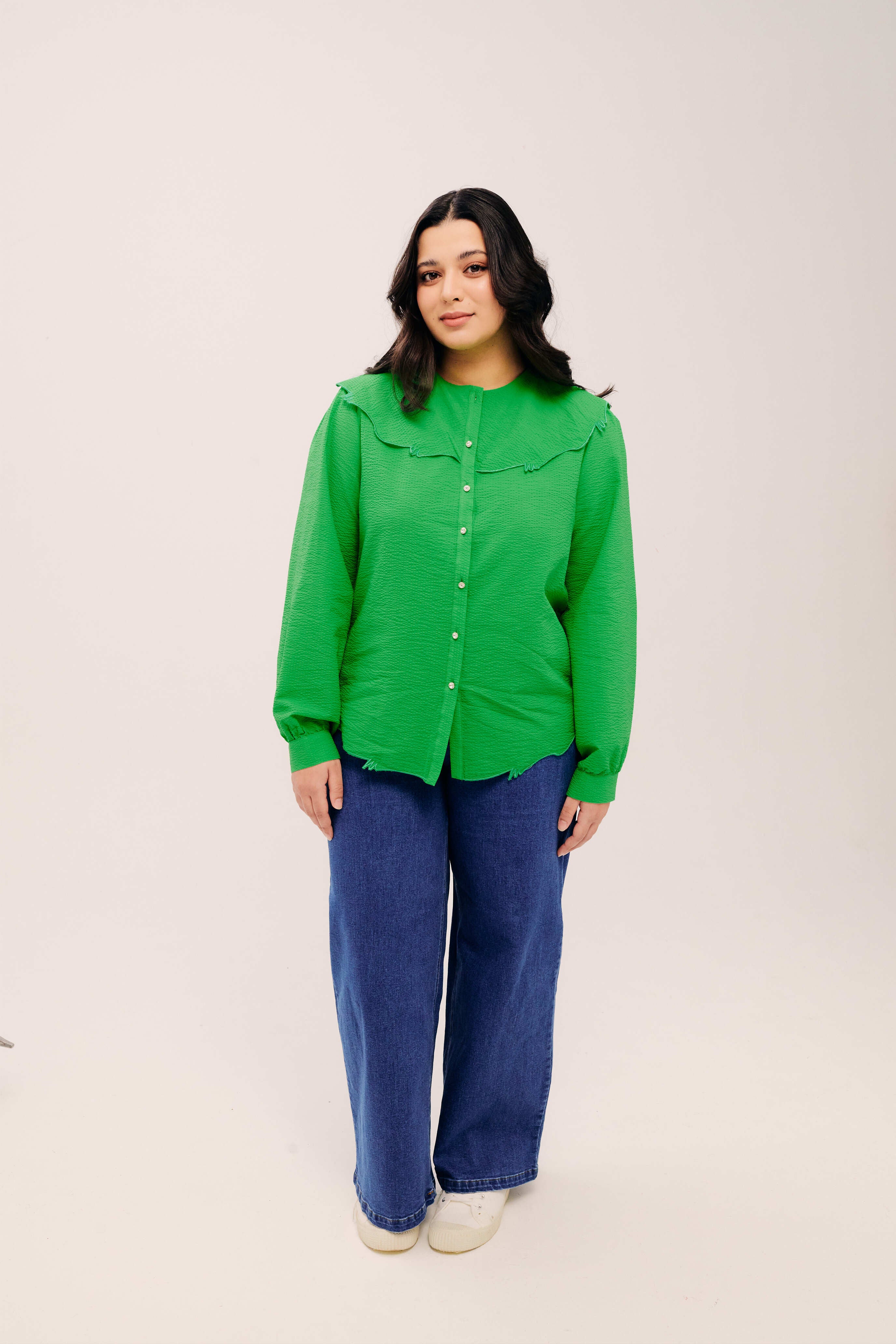 Lapel Classic Green Long Sleeve Embroidered Top