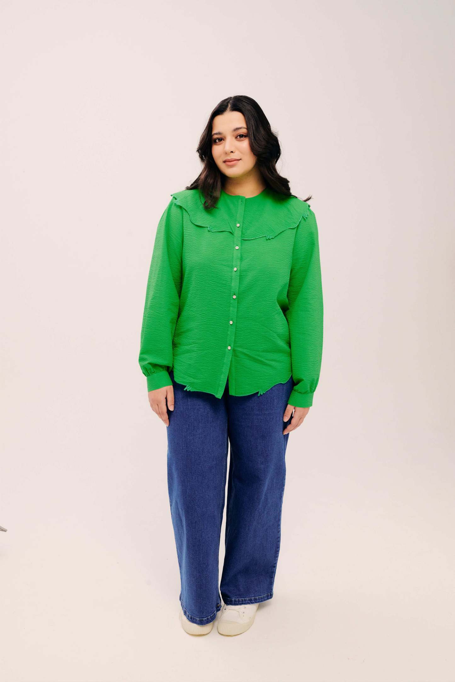 Lapel Classic Green Long Sleeve Embroidered Top