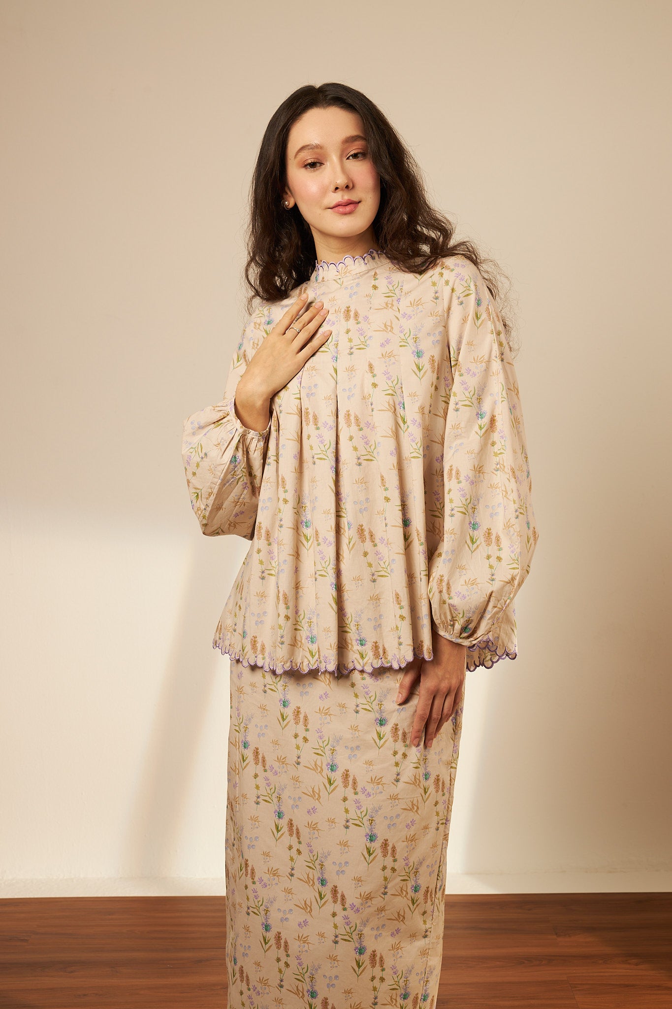 Laila Beige Mono Darted Kurung Set
