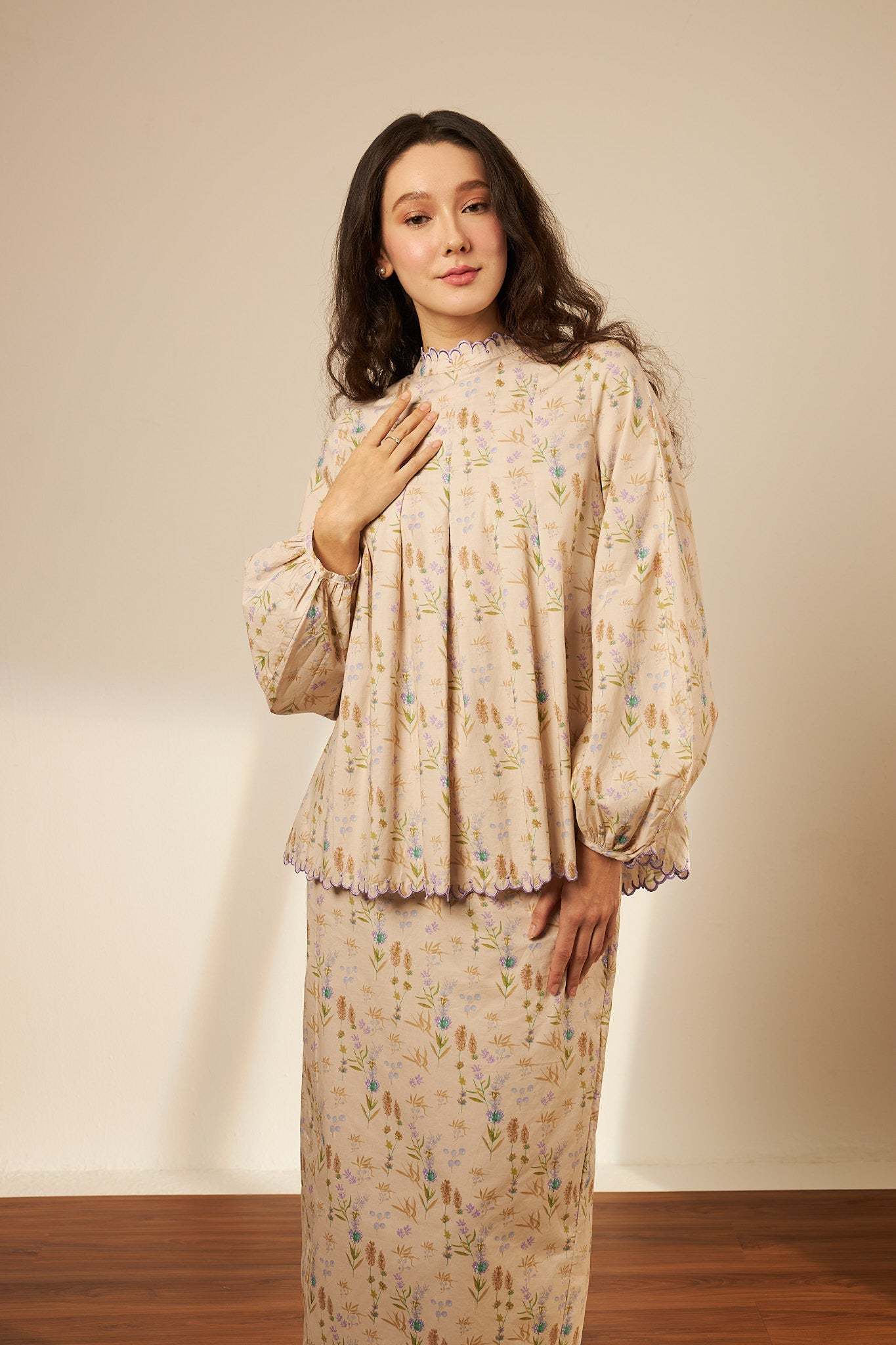 Laila Beige Mono Darted Kurung Set