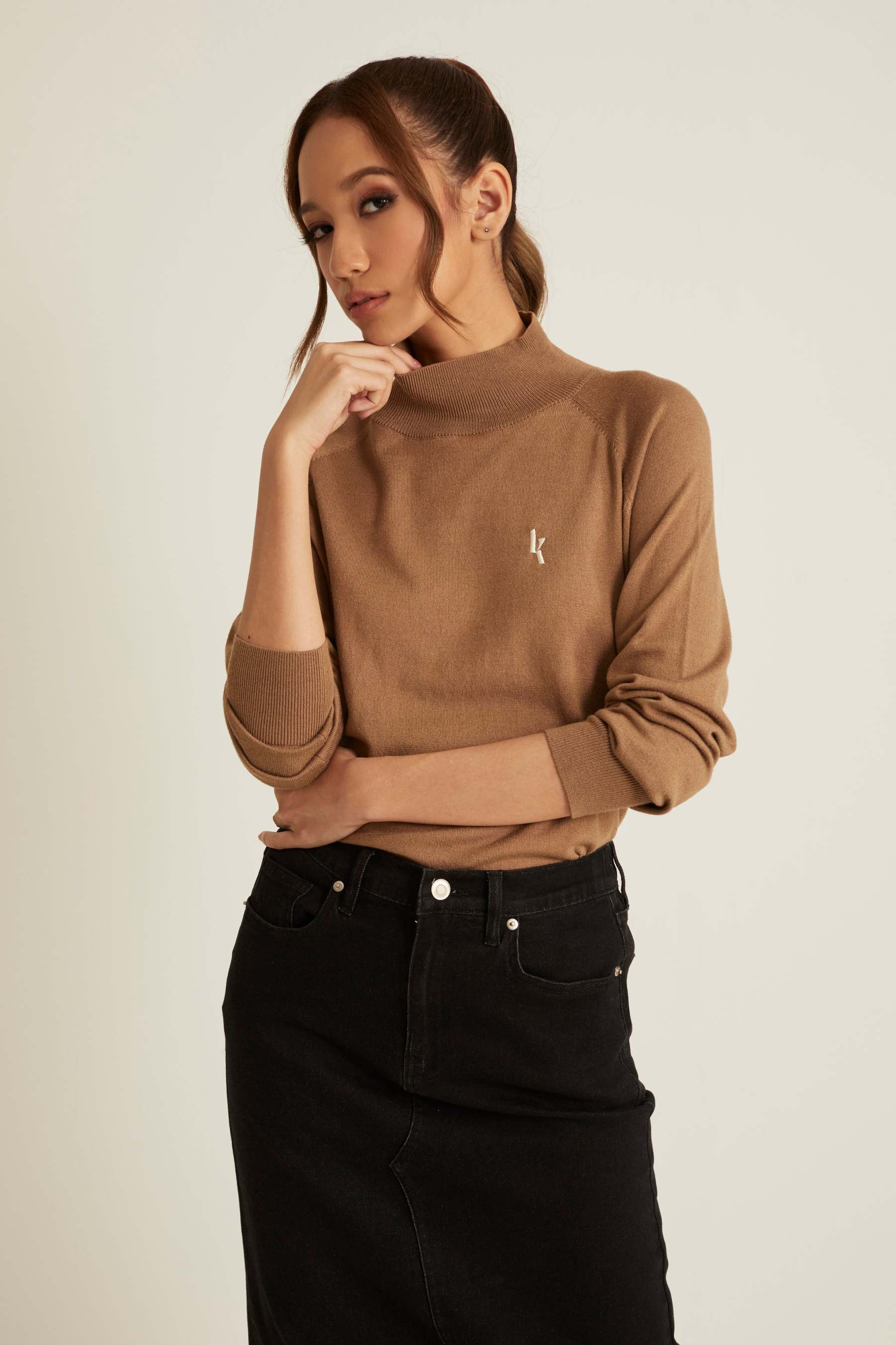 Brown Wool Long Sleeve Top for Women