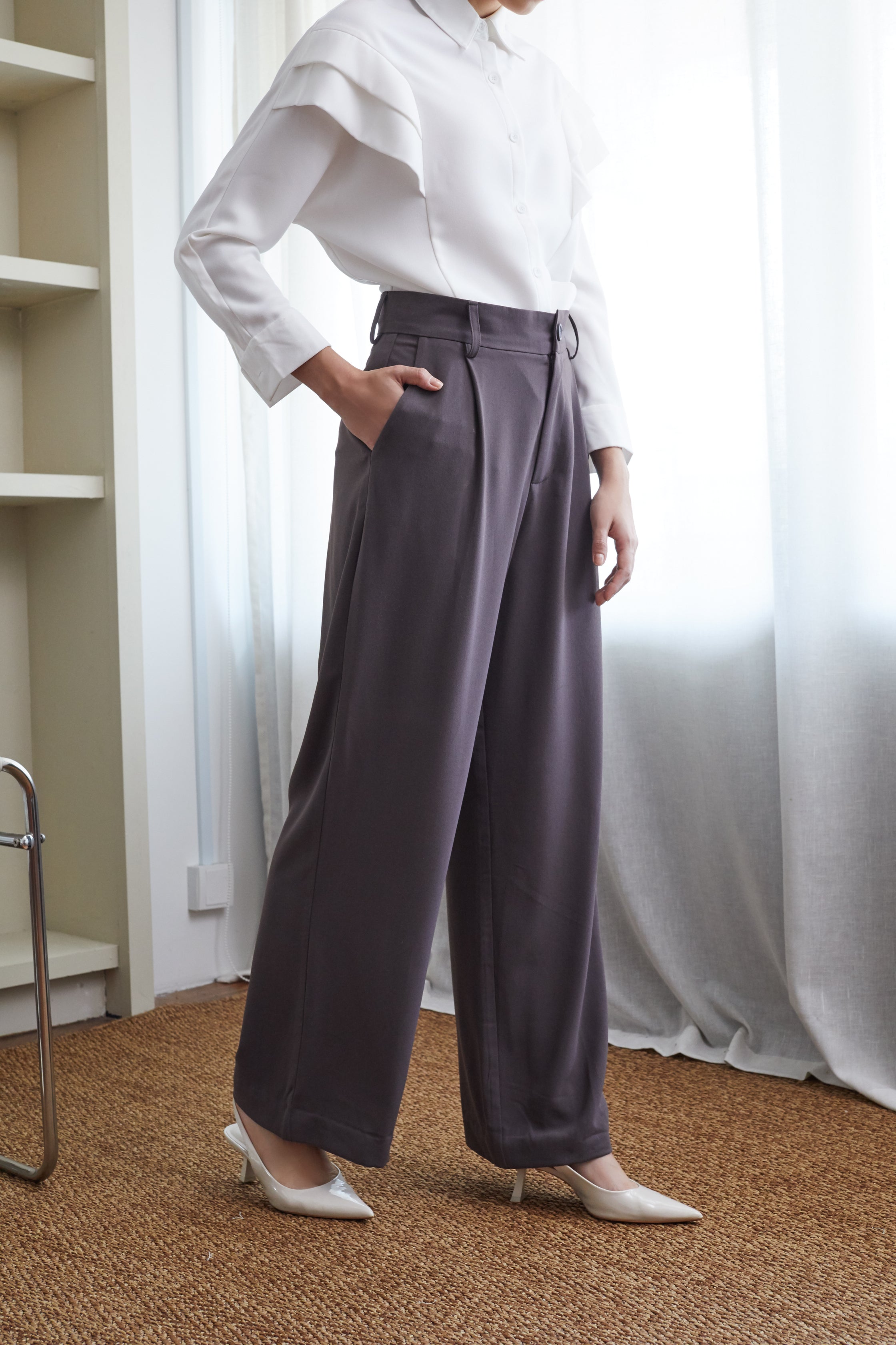 Women's Dark Grey Straight Leg Fit Darted Pants