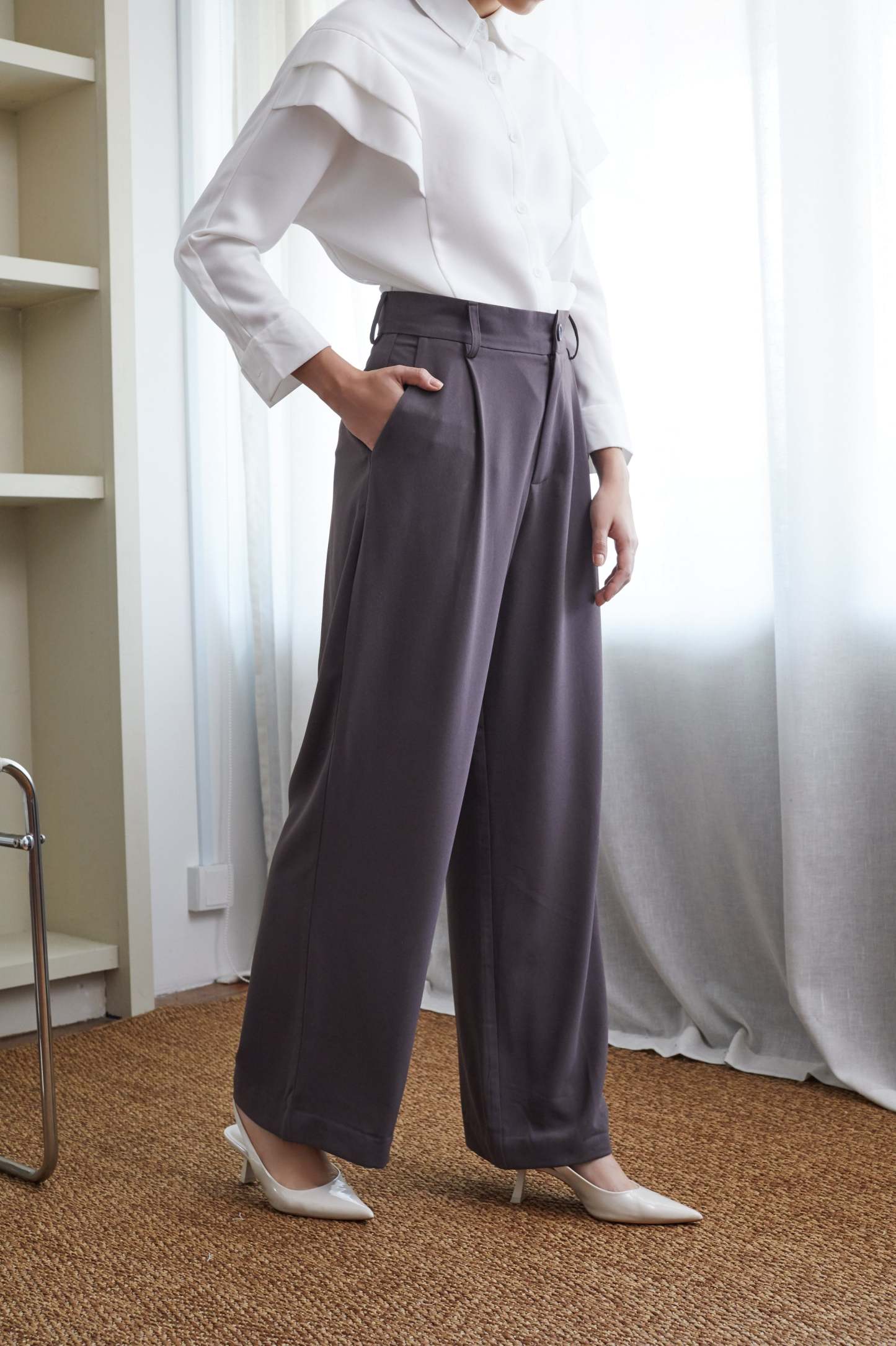Women's Dark Grey Straight Leg Fit Darted Pants