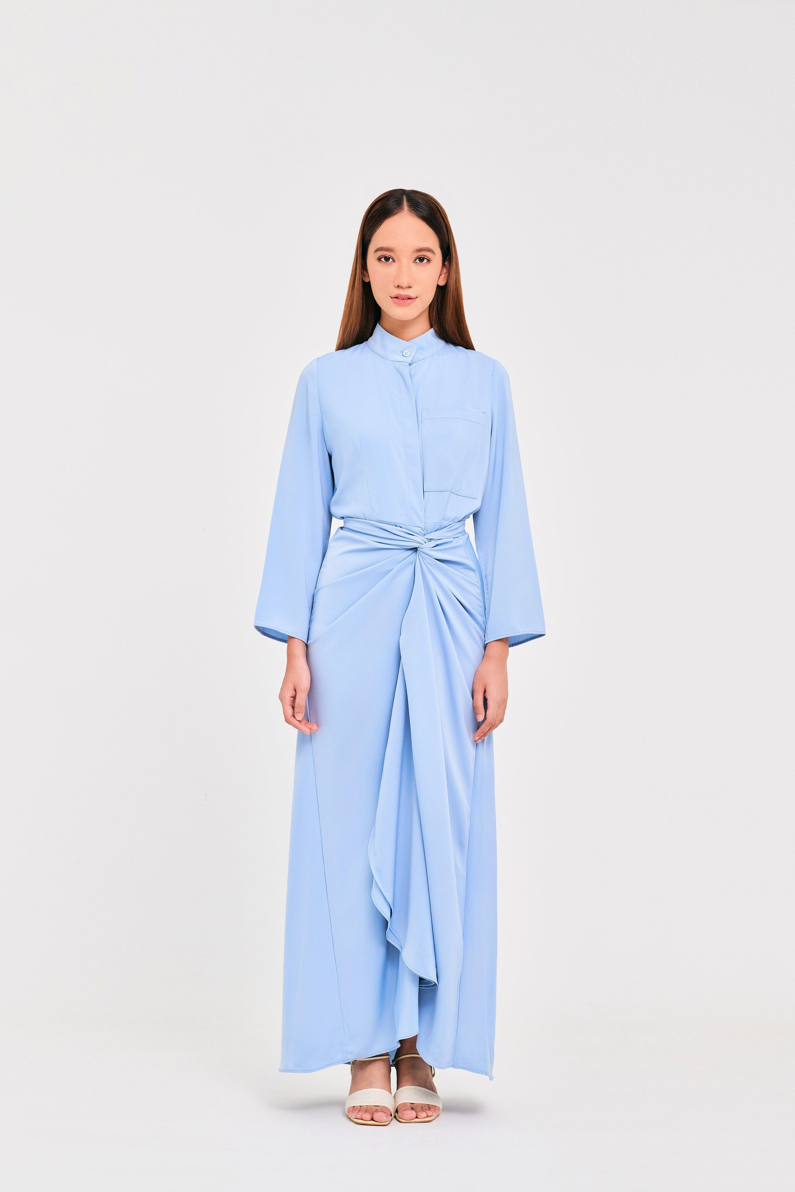 Blue Buttoned Wrap Dress - Mimpikita