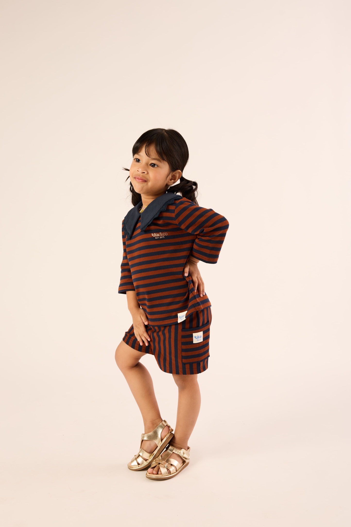 Chocolate Brown & Navy Lace Bib Striped Top - Girls