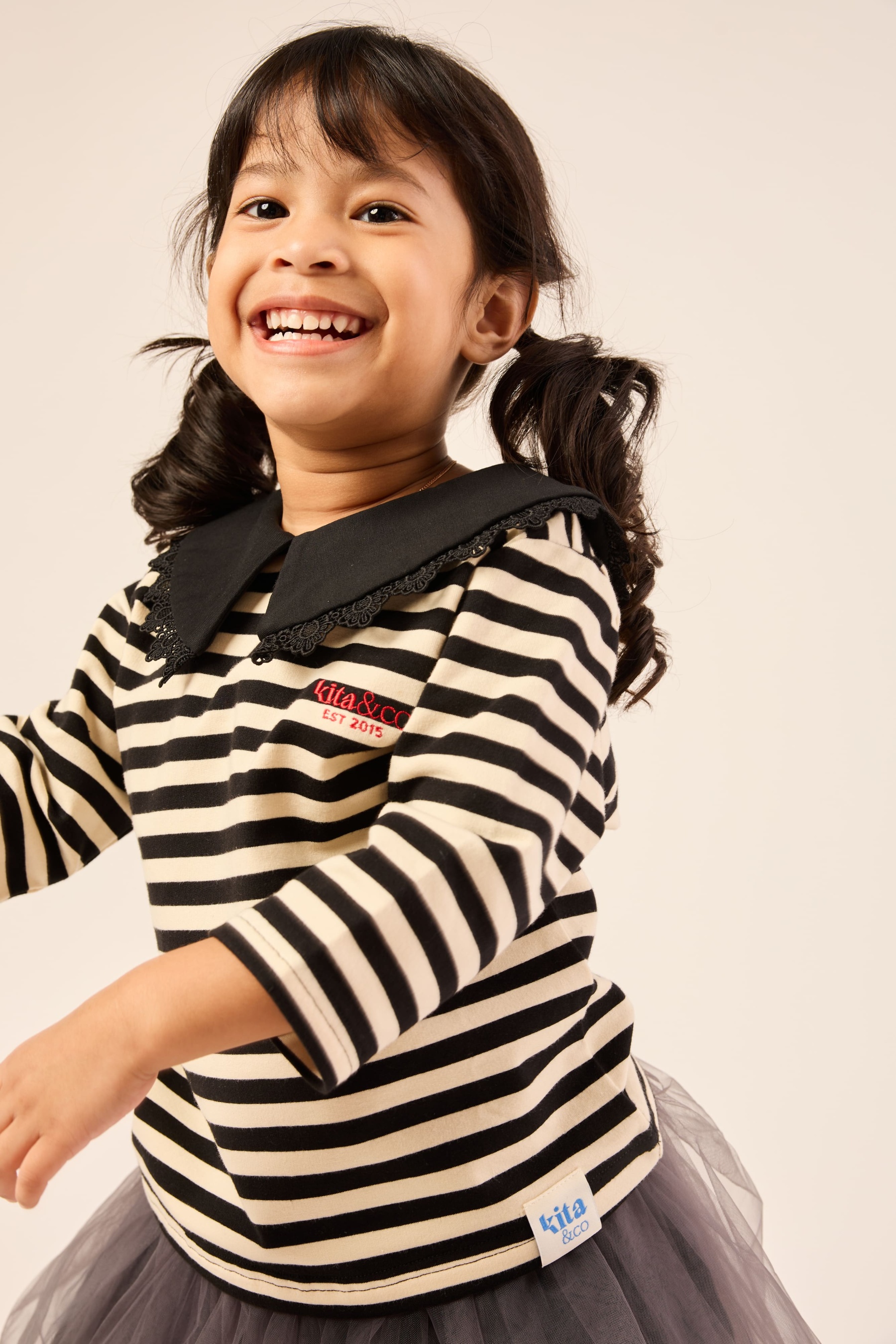 Black & Cream White Lace Bib Striped Top - Girls