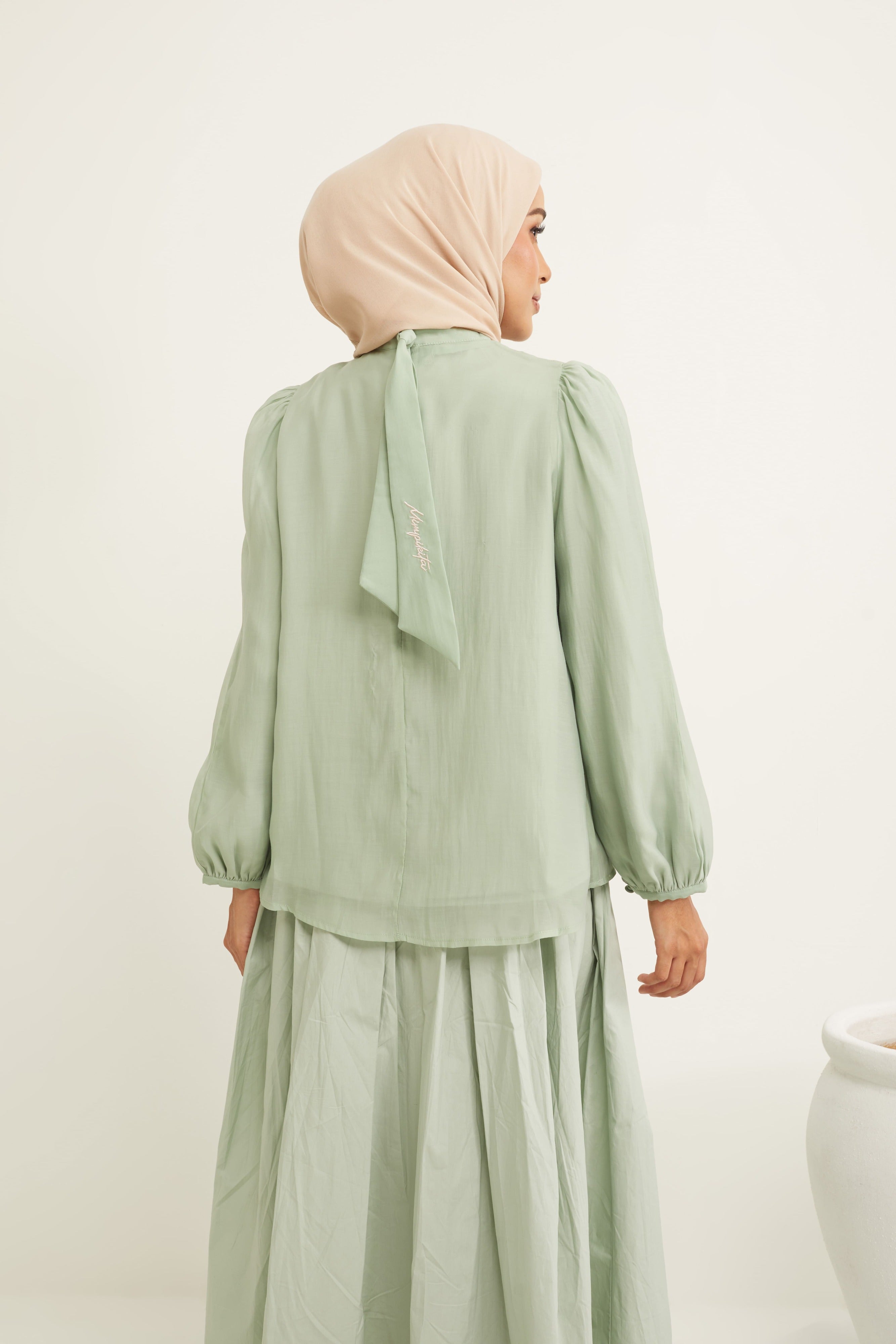 Deena Mint Green Lace Bib Puff Sleeves Top