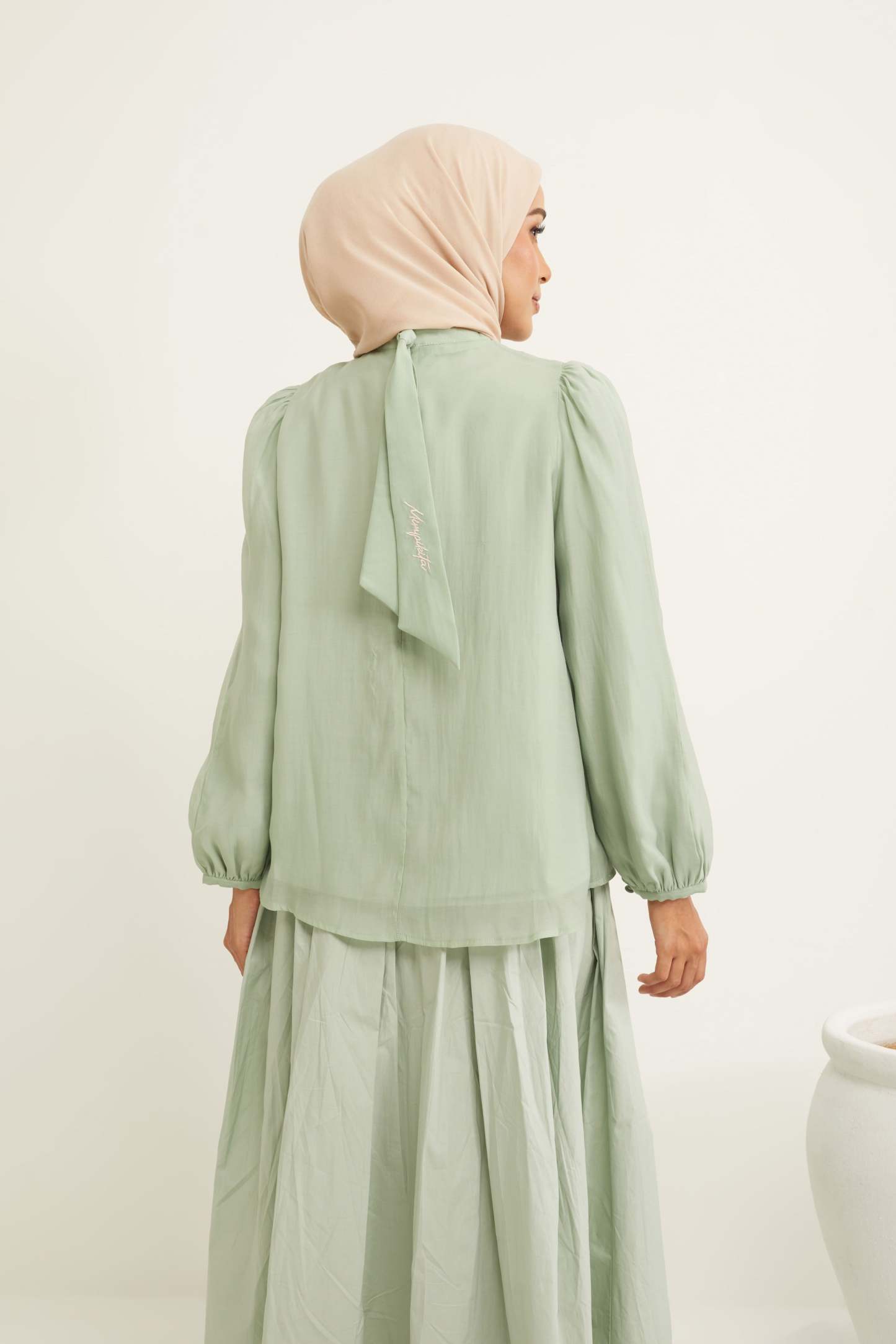 Deena Mint Green Lace Bib Puff Sleeves Top