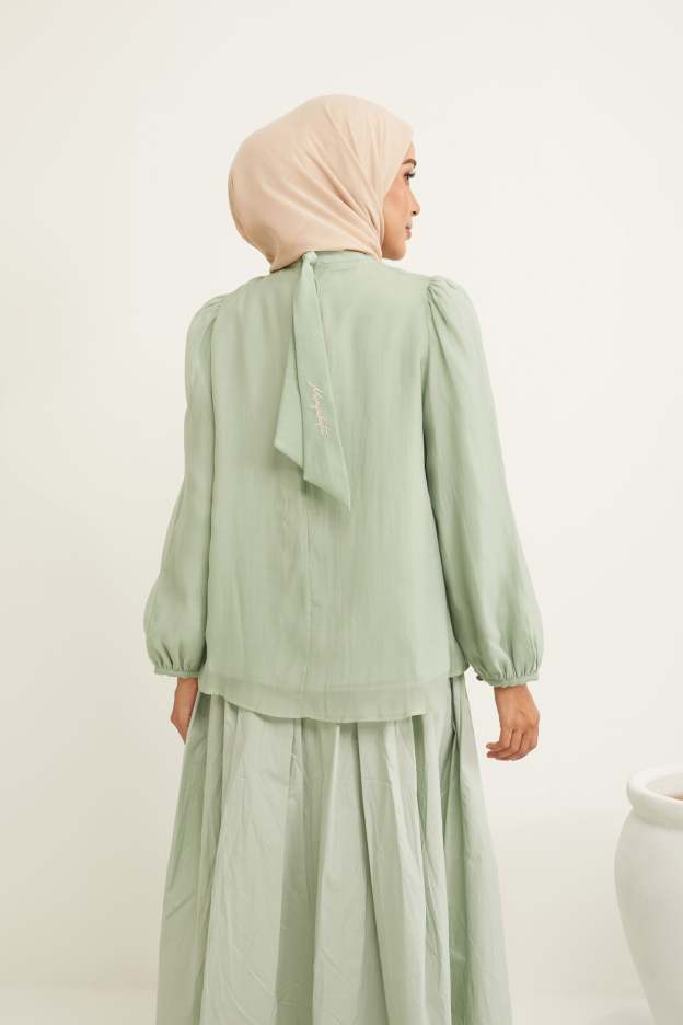 Deena Mint Green Lace Bib Puff Sleeves Top