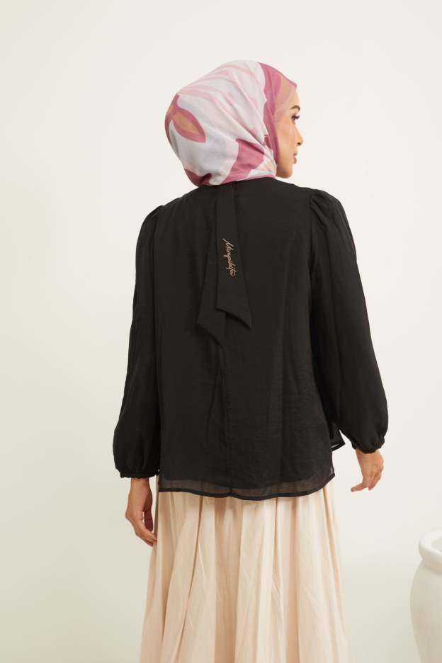Deena Black Lace Bib Puff Sleeves Top