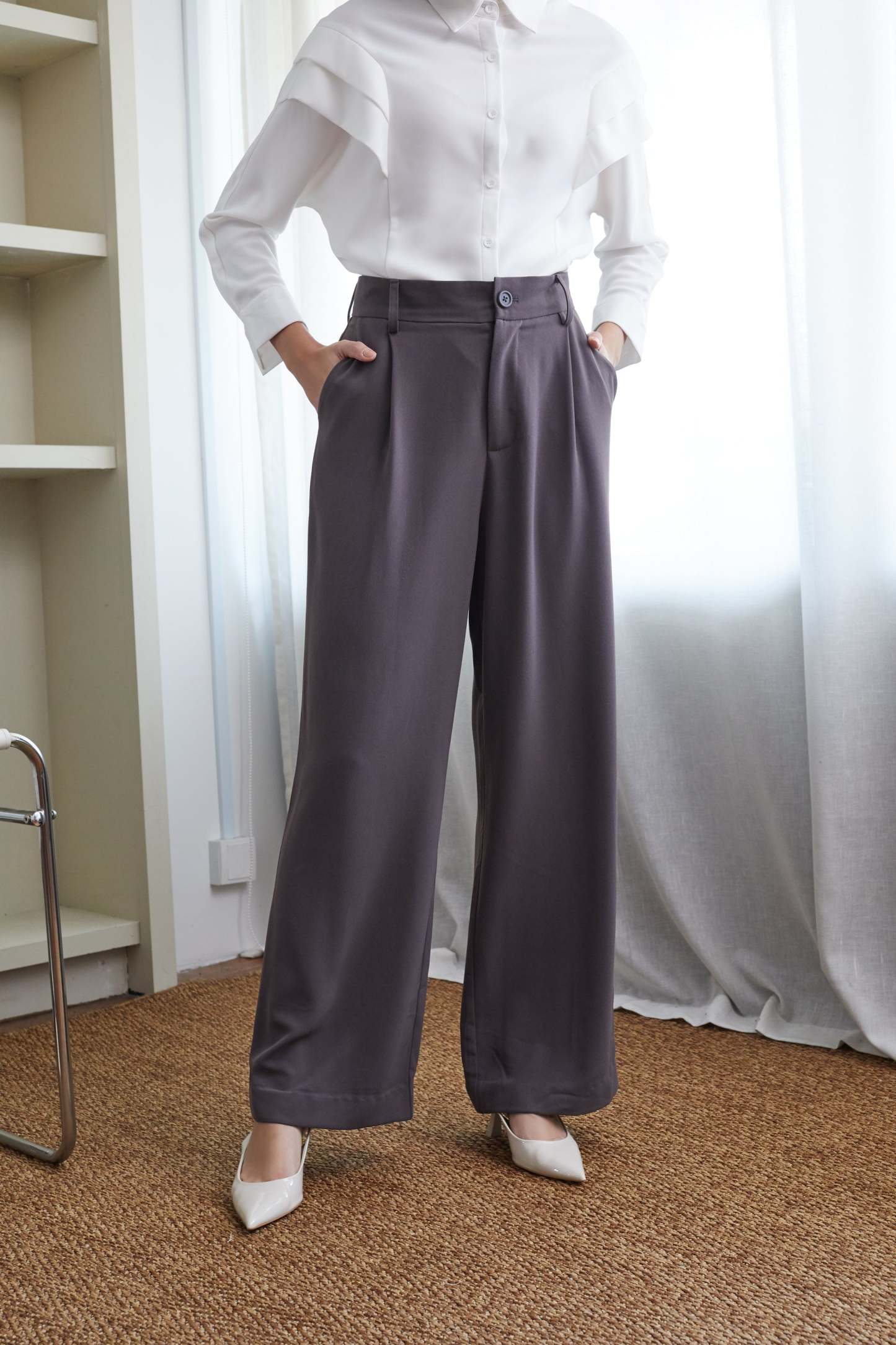 Women's Dark Grey Straight Leg Fit Darted Pants