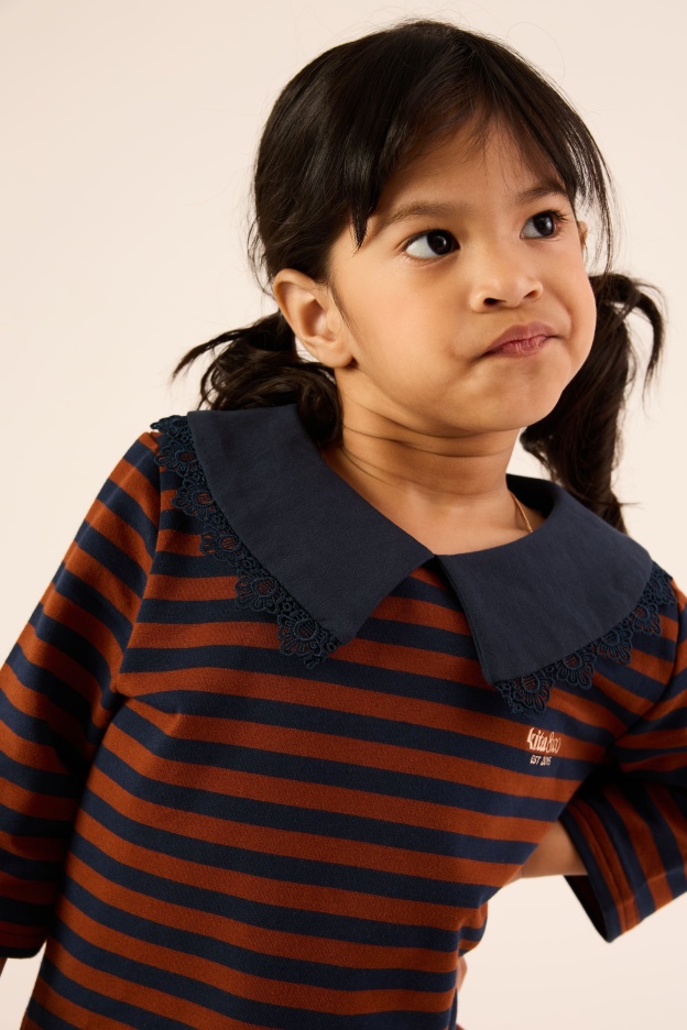 Chocolate Brown & Navy Lace Bib Striped Top - Girls