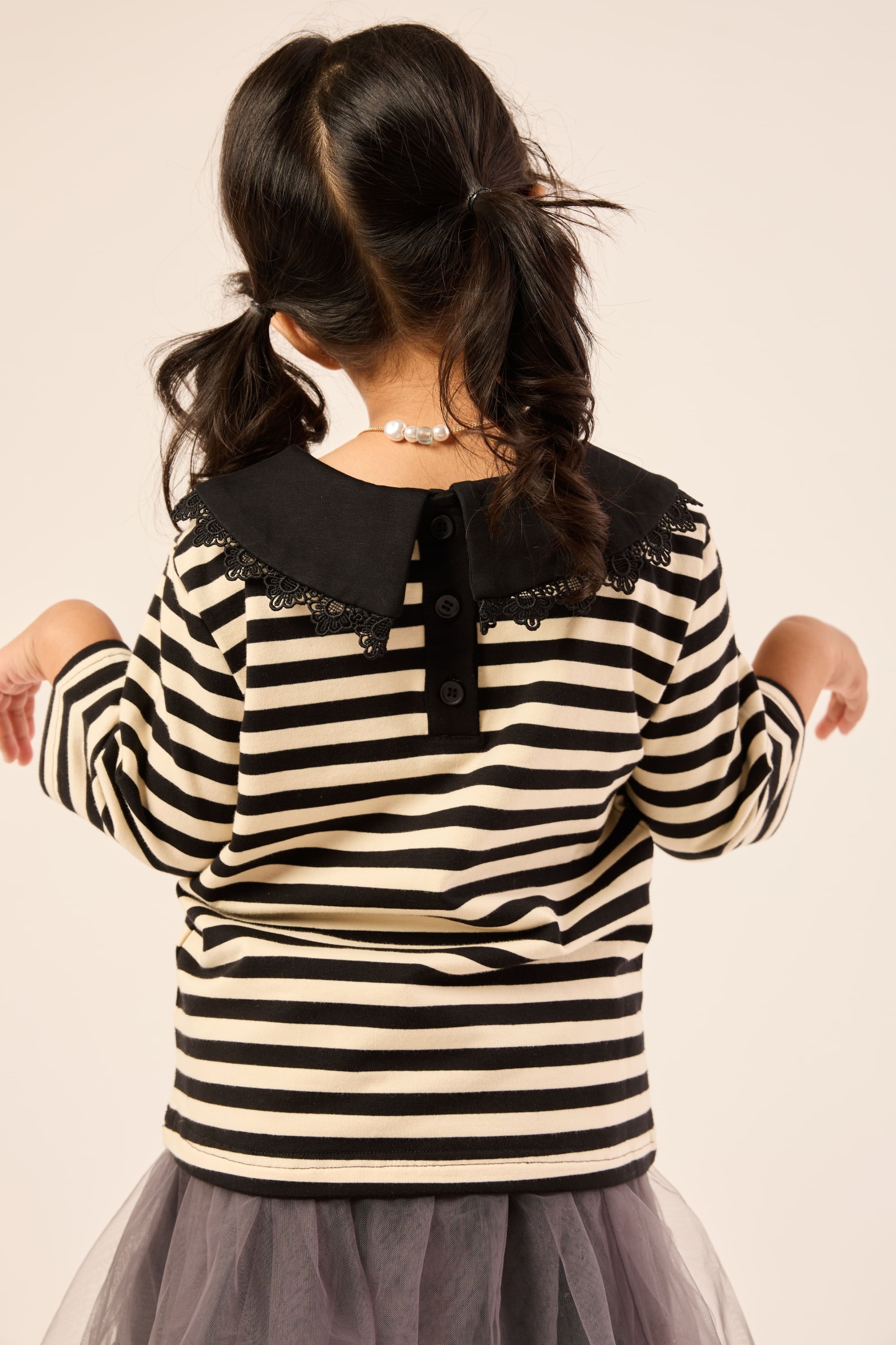 Black & Cream White Lace Bib Striped Top - Girls