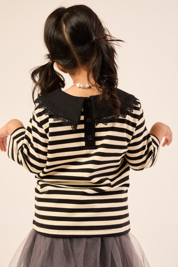 Black & Cream White Lace Bib Striped Top - Girls