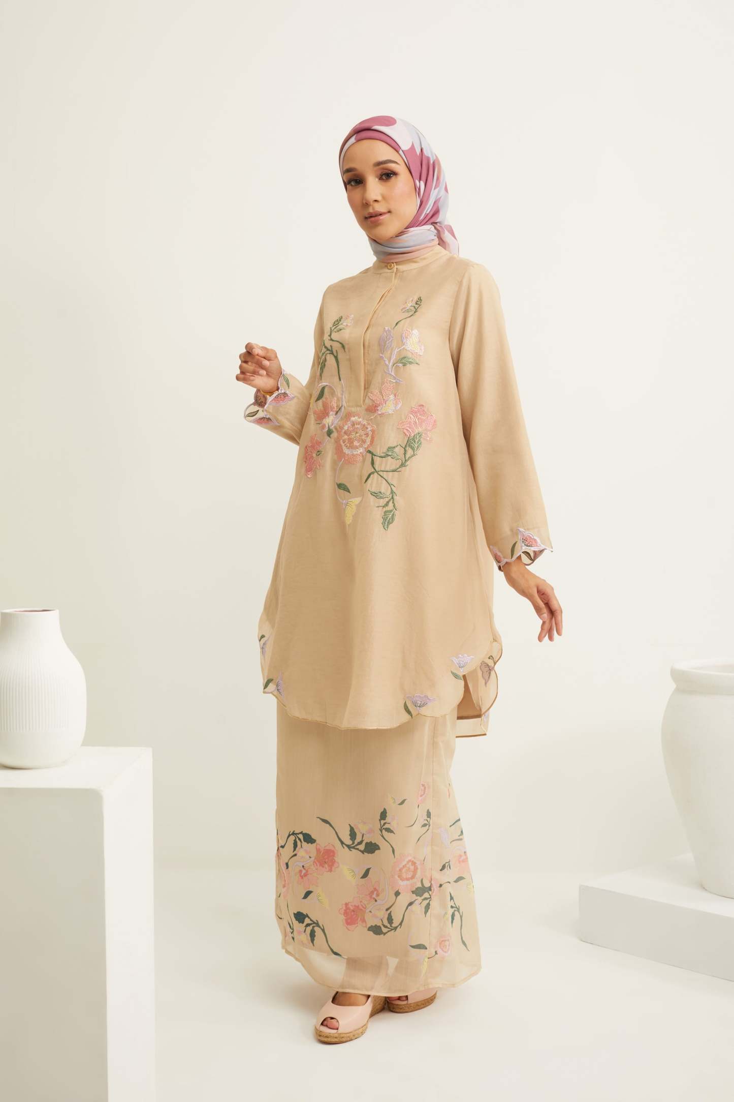 Aisha Beige Embroidered Kurung