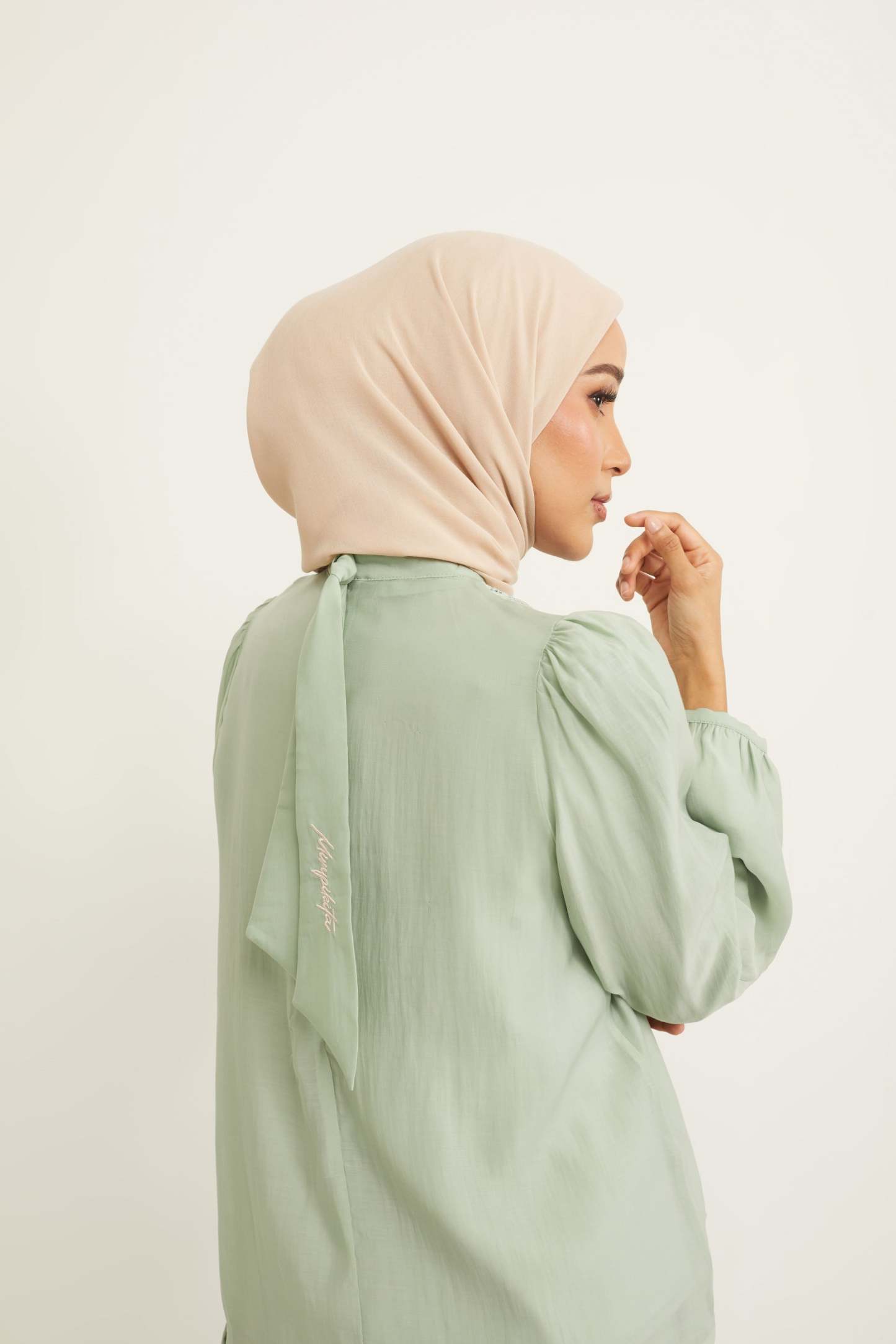 Deena Mint Green Lace Bib Puff Sleeves Top