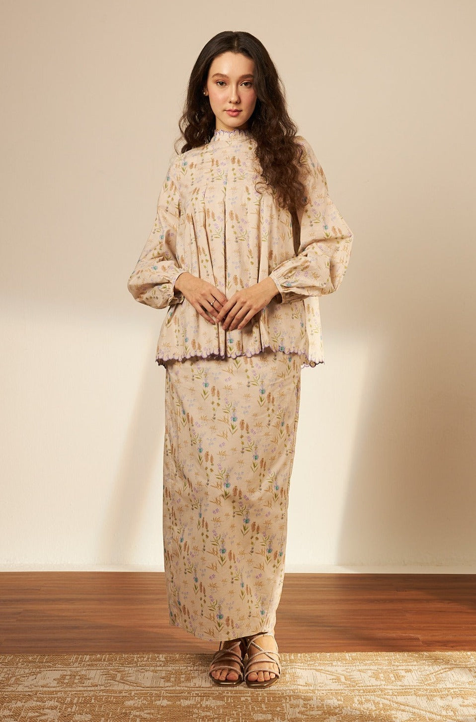 Laila Beige Mono Darted Kurung Set