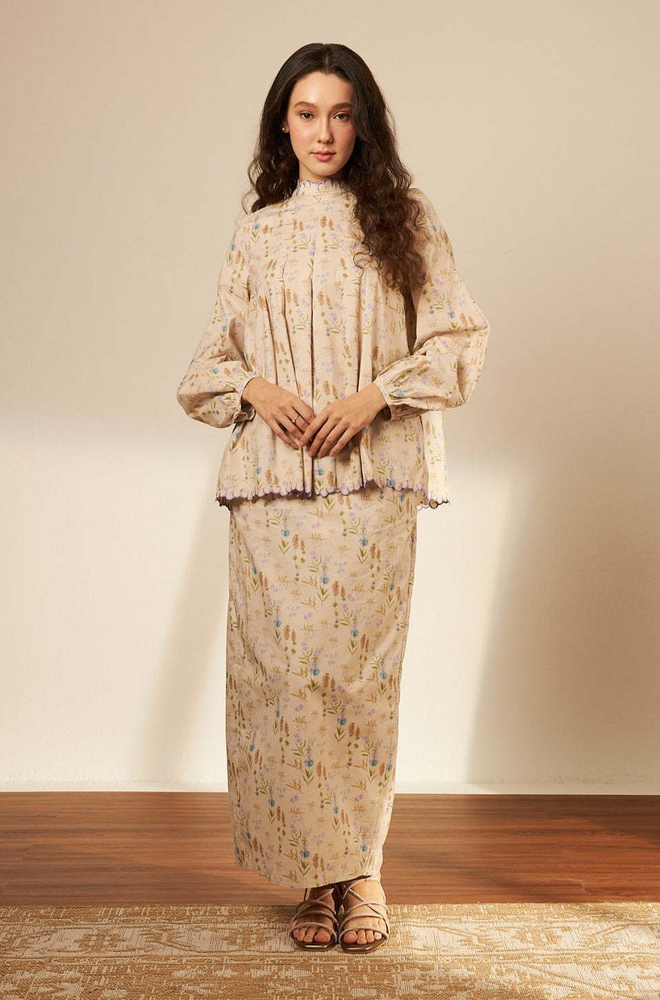 Laila Beige Mono Darted Kurung Set