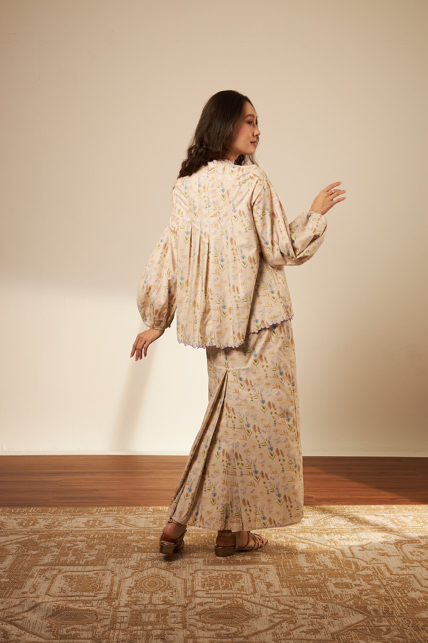 Laila Beige Mono Darted Kurung Set