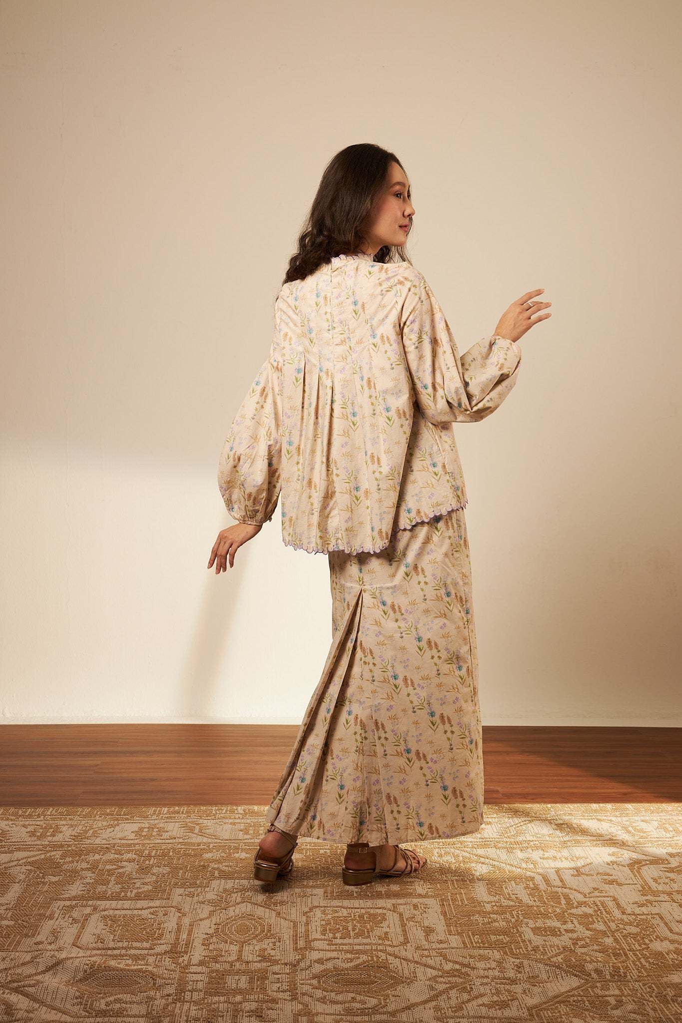 Laila Beige Mono Darted Kurung Set
