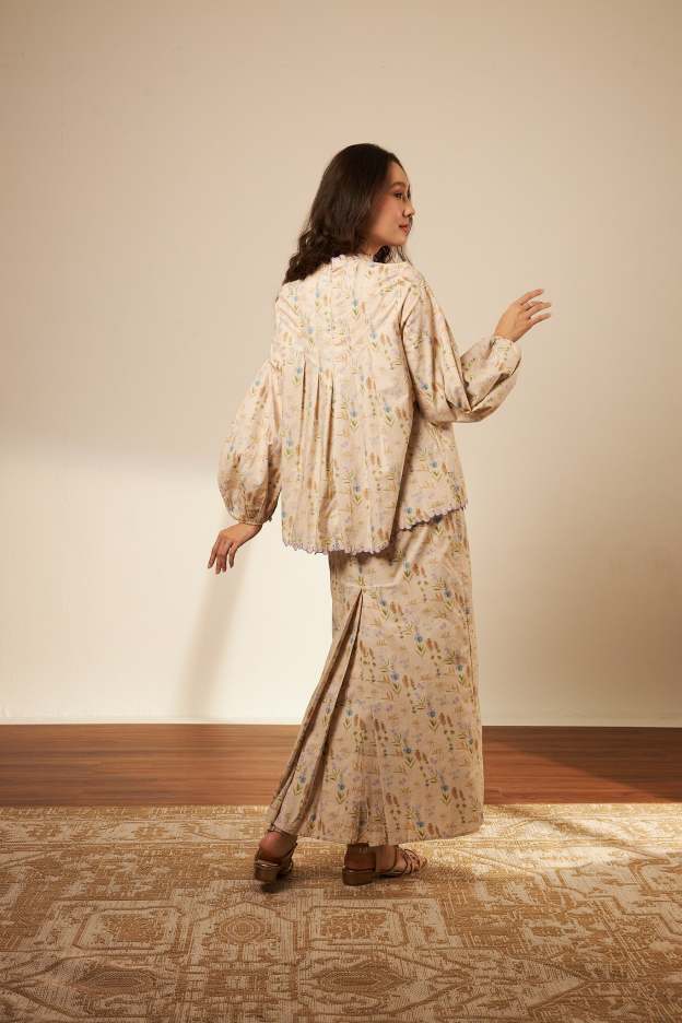 Laila Beige Mono Darted Kurung Set