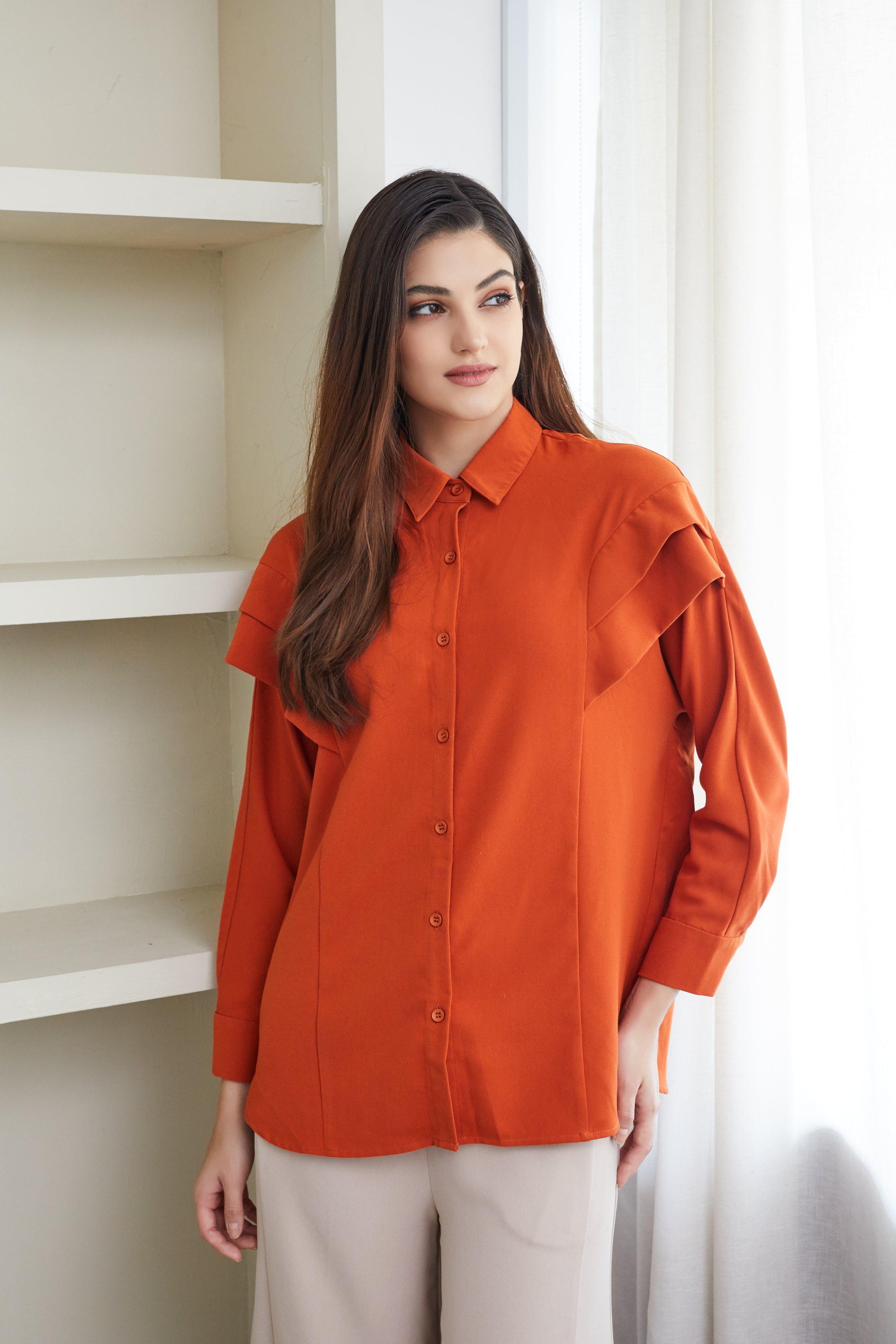 Layered Long Sleeve Brick Orange Blouse