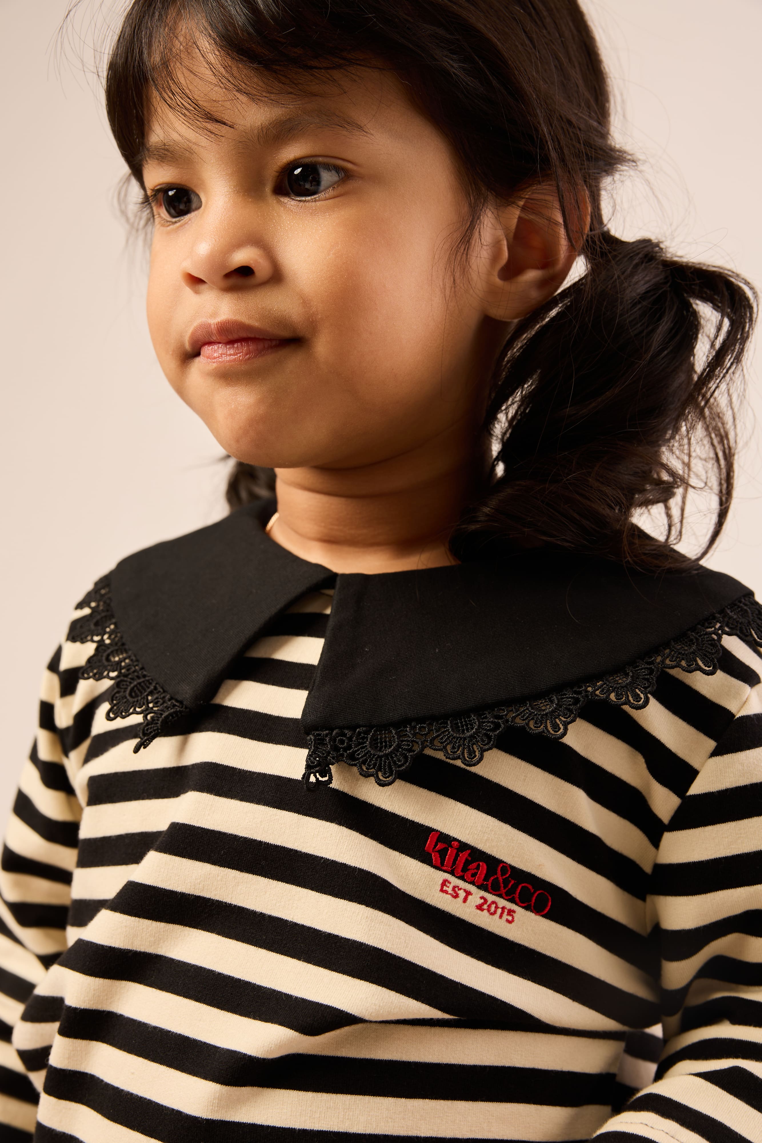 Black & Cream White Lace Bib Striped Top - Girls