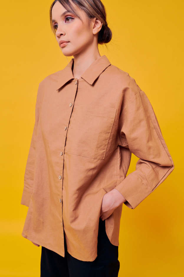 Rhu Camel Brown Linen Long Sleeve Shirt