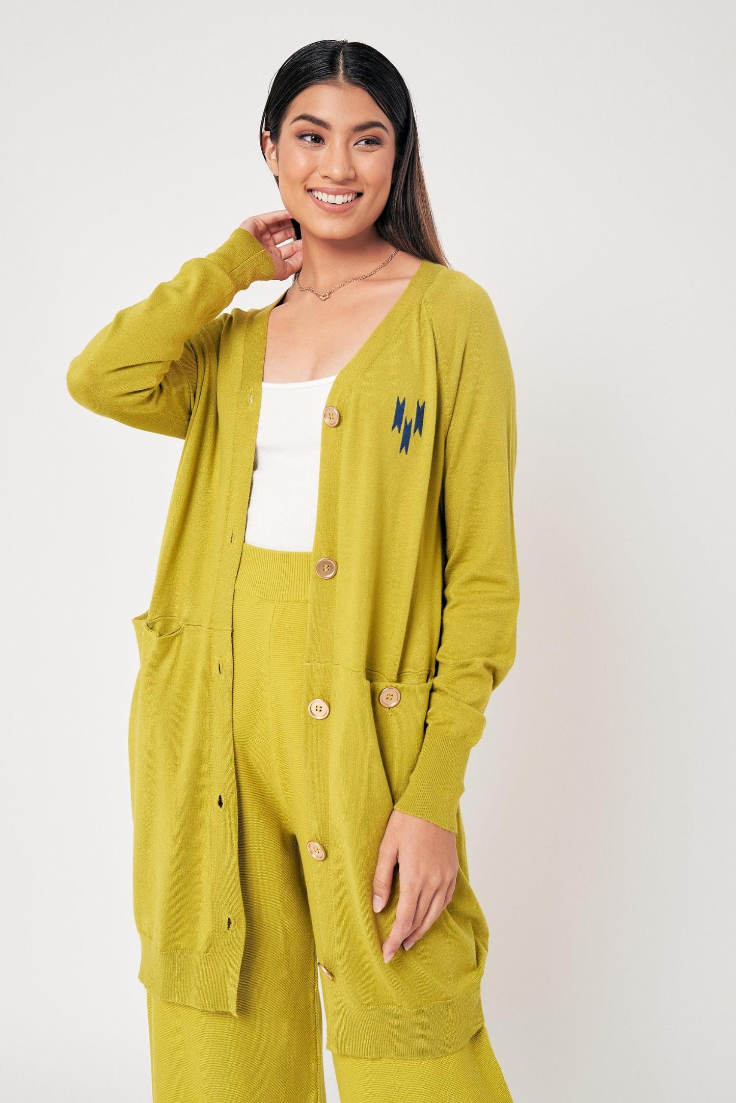 Lime Green Embroidered Wool Cardigan