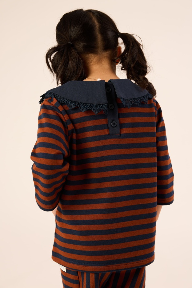 Chocolate Brown & Navy Lace Bib Striped Top - Girls