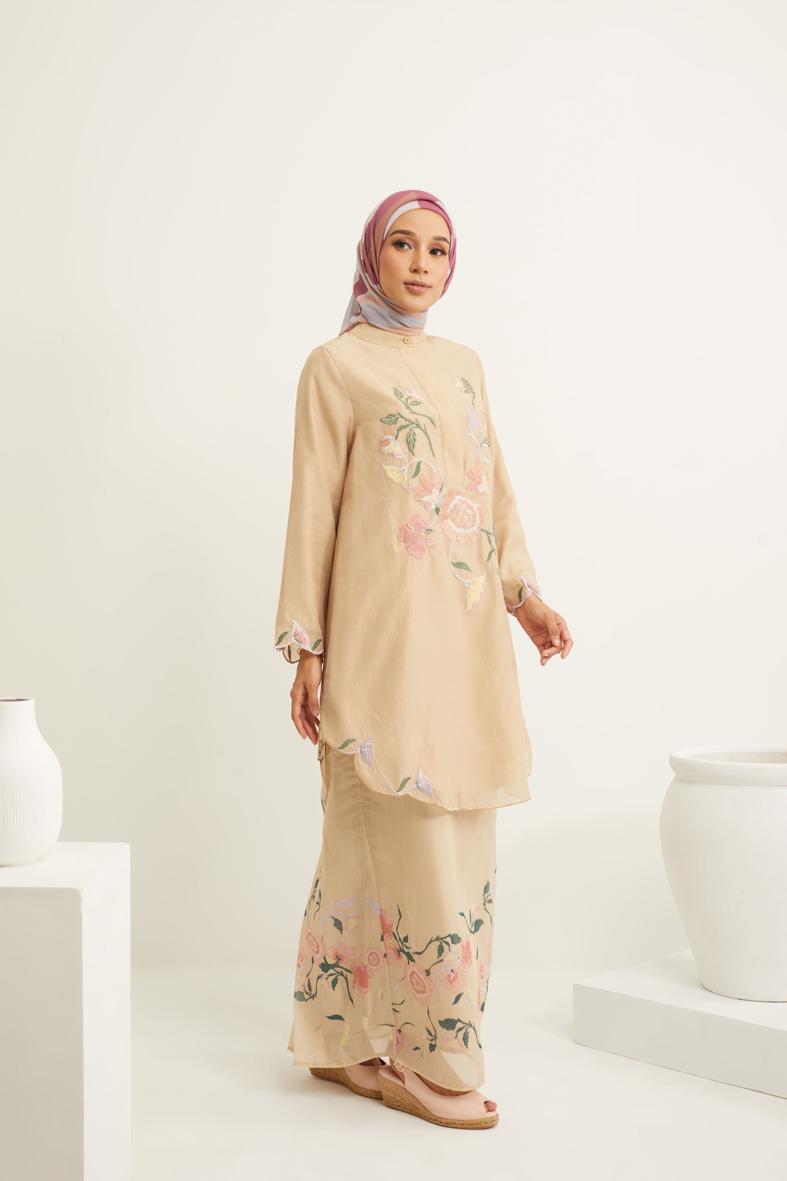 Aisha Beige Embroidered Kurung