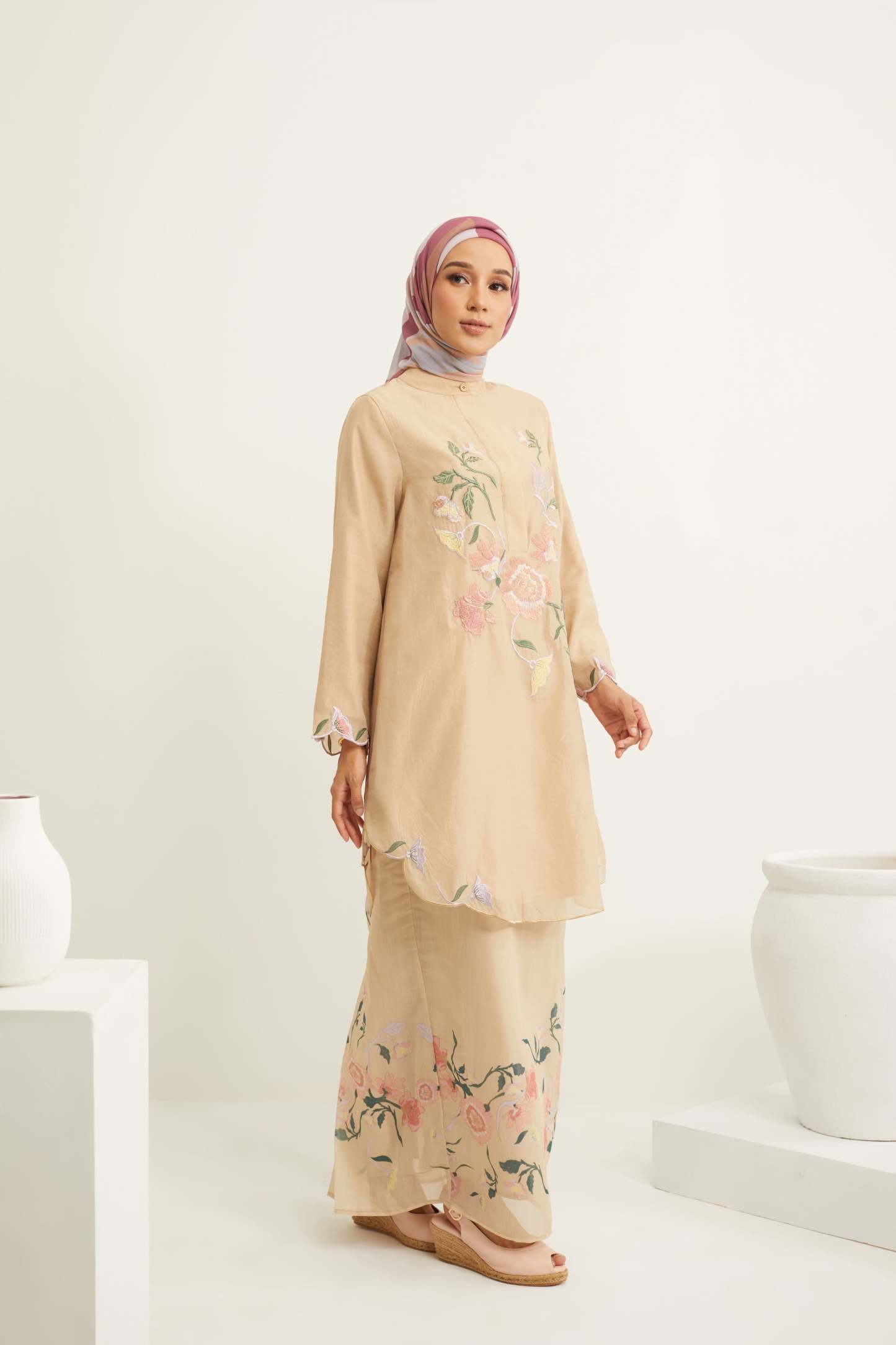 Aisha Beige Embroidered Kurung