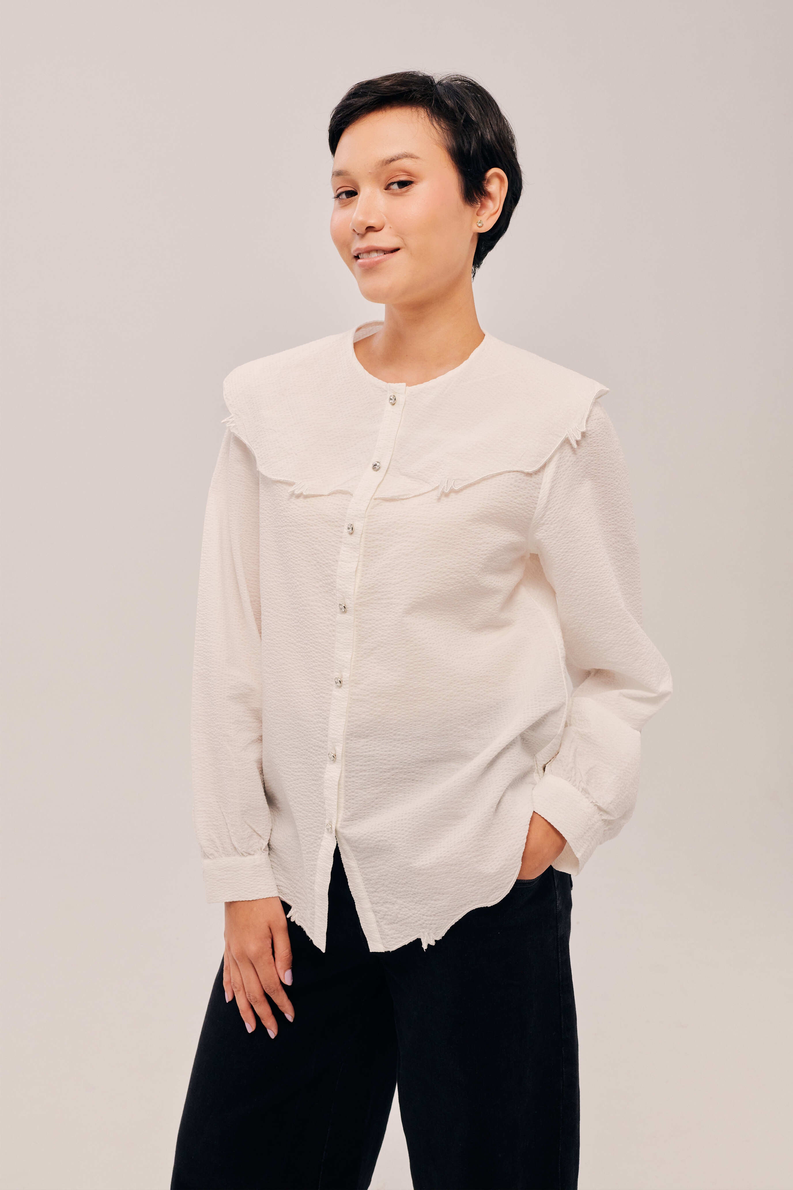 Lapel White Long Sleeve Embroidered Top