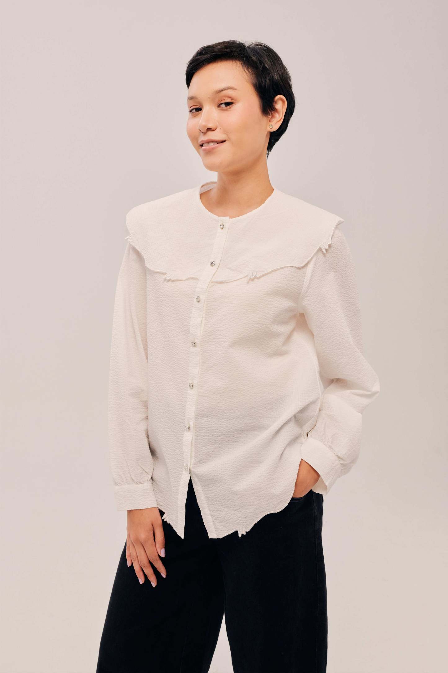 Lapel White Long Sleeve Embroidered Top