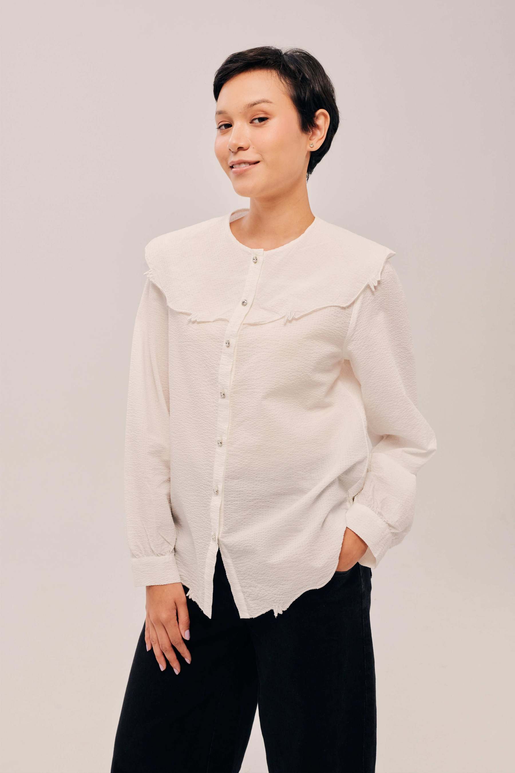 Lapel White Long Sleeve Embroidered Top