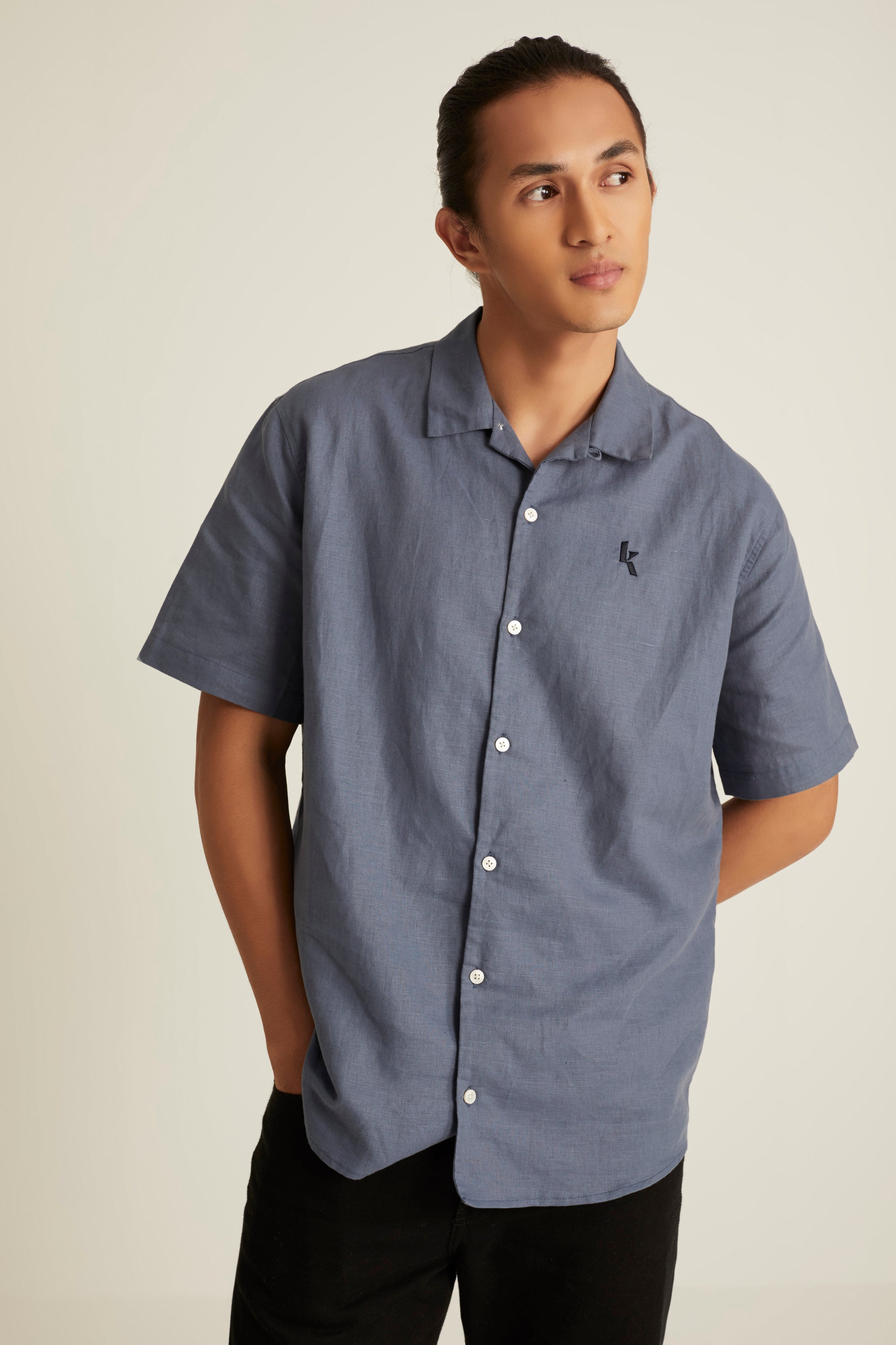 Men's Smoke Blue Short Sleeve Linen Shirt