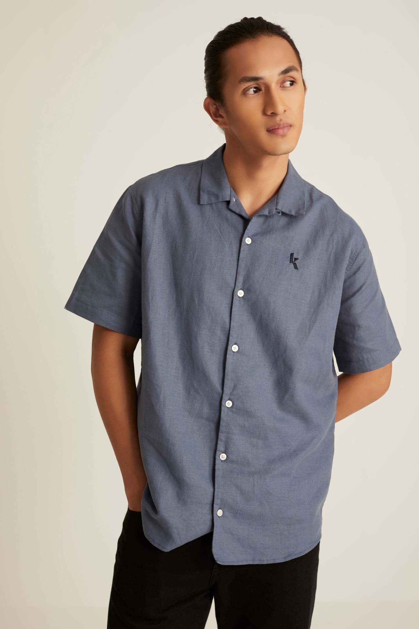 Men's Smoke Blue Short Sleeve Linen Shirt