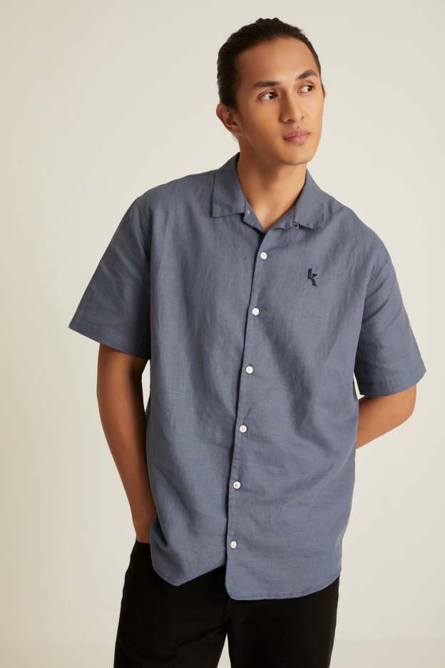 Men's Smoke Blue Short Sleeve Linen Shirt
